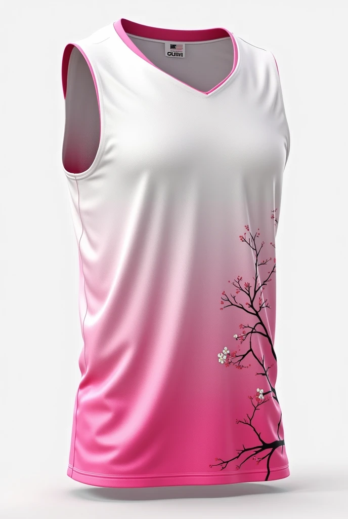 a white basketball shirt with pink and light blue