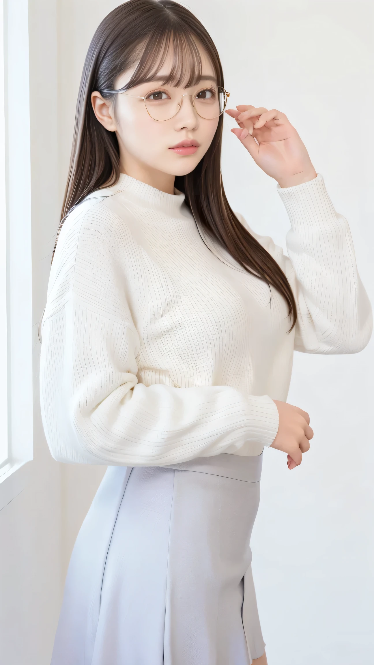 Masterpiece, best quality , from the side 1 girl , white room in the center 、( white sweater)、 Checked Skirt 、glasses in black、 wearing glasses