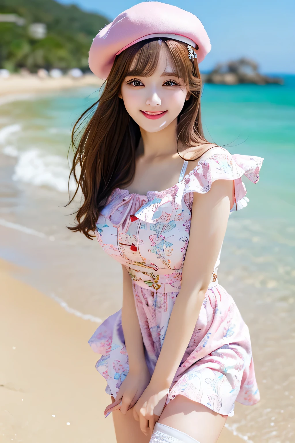 (Highest quality, masterpiece, Ultra-high resolution, (Realistic:1.4), RAW Photos, Depth of written boundary, Professional Lighting, Perfect Anatomy, Very detailed), One girl, , The most famous Japanese idols, (Wear beautifully designed summer clothes), Have fun at the beach in summer, (Very cute face like the most popular Japanese idol), ((Very cute and very big realistic eyes)), (Very beautiful hair), (((Very beautiful、Highly realistic skins))), Very beautiful body, Dynamic pose, View your viewers, An innocent smile, ((Summer beach details)), ((Beautifully designed detailed summer dress))