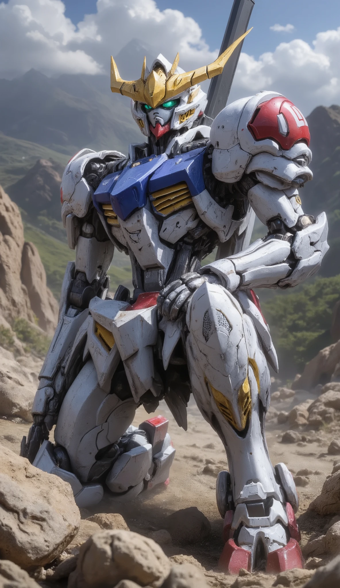 Gundam Barbatos、B4RBAT0S 、 high resolution , detailed images , slender body 、Get down on one knee、Holding a large sword stuck in the ground、