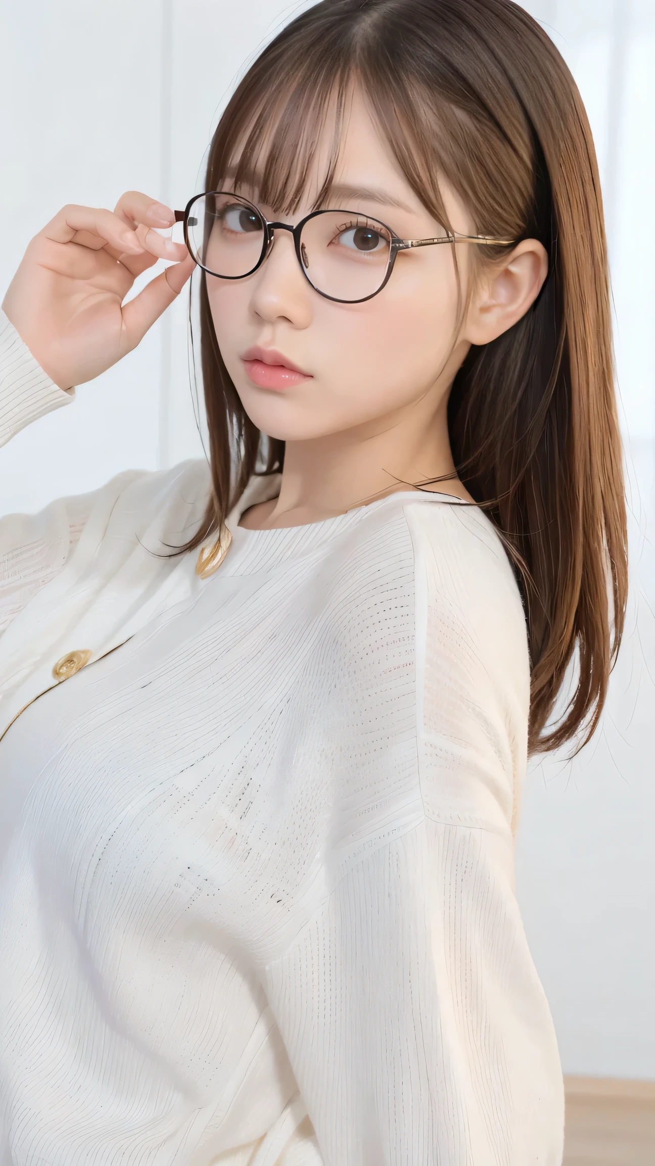 Masterpiece, best quality , from the side 1 girl , white room in the center 、(indigo sweater)、 white shirt、Black-rimmed glasses、 wearing glasses