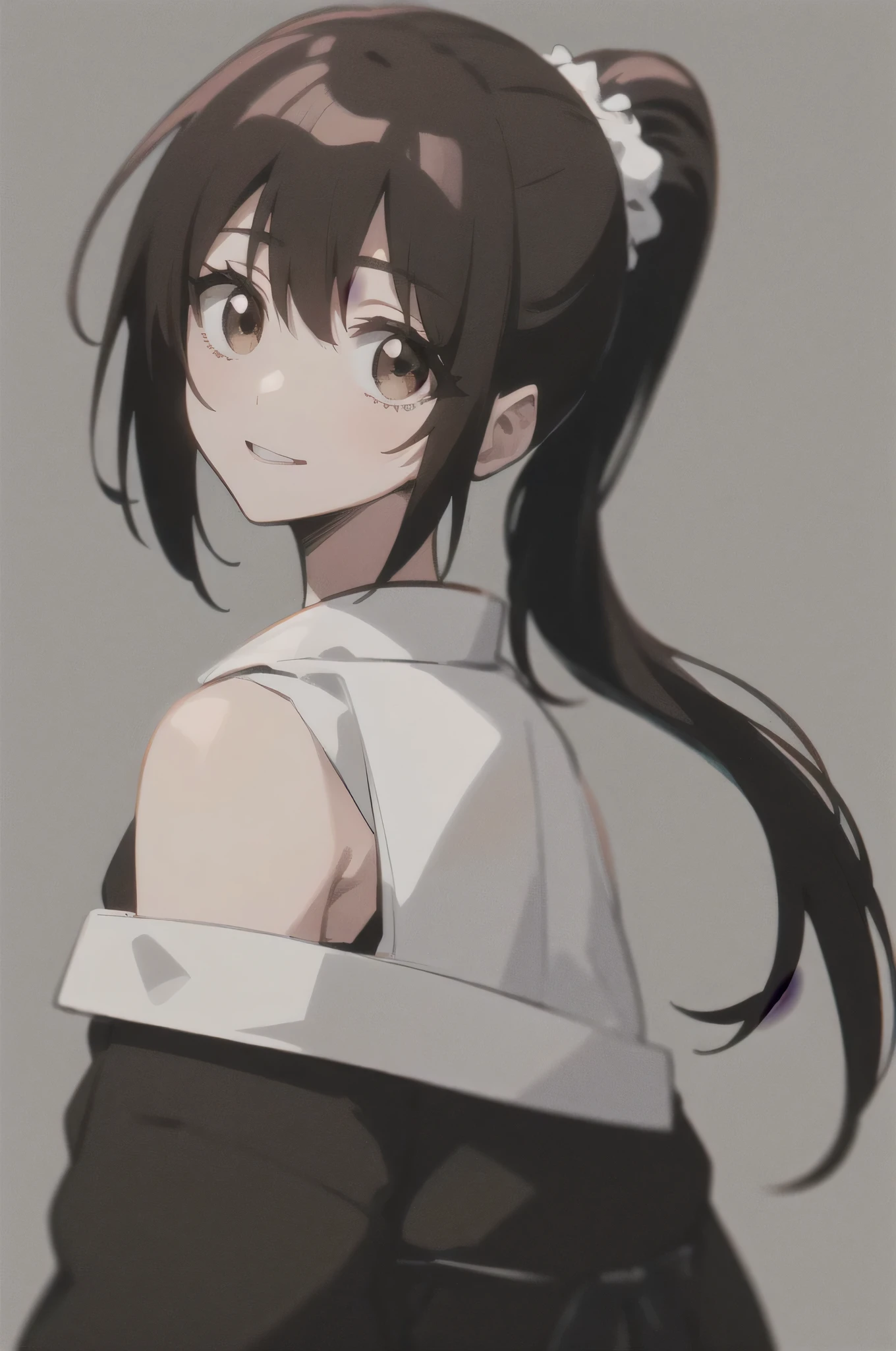 Masterpiece, best quality ,
1 girl, romantic love, black hair, ponytail, Van Cover, brown eyes, kimono, Black Hakama, black kimono ,I'm wearing a white sleeveless coat over my kimono
smiling, Alone, is looking, simple background, white background