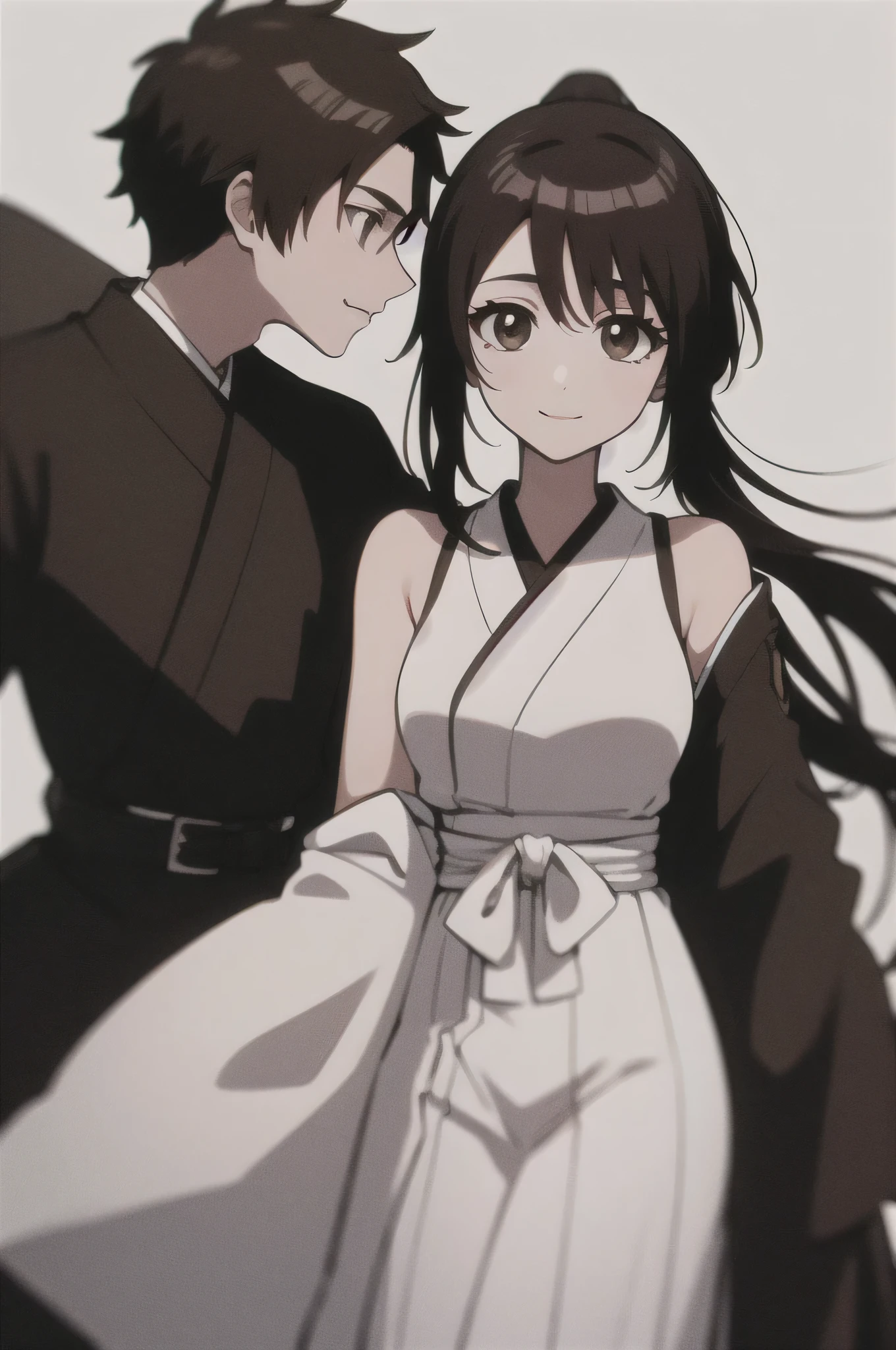 Masterpiece, best quality ,
1 girl, romantic love, black hair, ponytail, Van Cover, brown eyes, kimono, Black Hakama, black kimono ,I'm wearing a white sleeveless coat over my kimono
smiling, Alone, is looking, simple background, white background