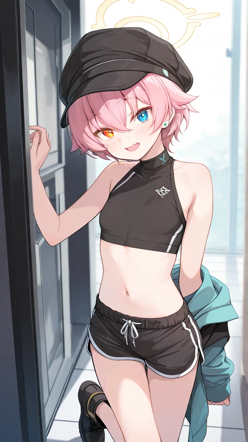 masterpiece, best quality, detailed face, detailed eyes, <lora:HUAsh:0.5>, pink hair, yellow eyes, black choker, sports bra, 1boy, HUAsh, grin, leather shorts, short shorts, sports bra, indoors, (bulge), living room, flat chest,