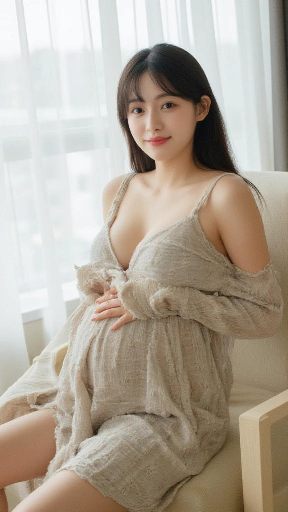 A pregnant woman wearing maternity clothes decorated with beautiful embroidery and lace is sitting on a sofa and touching her stomach.,giga_busty