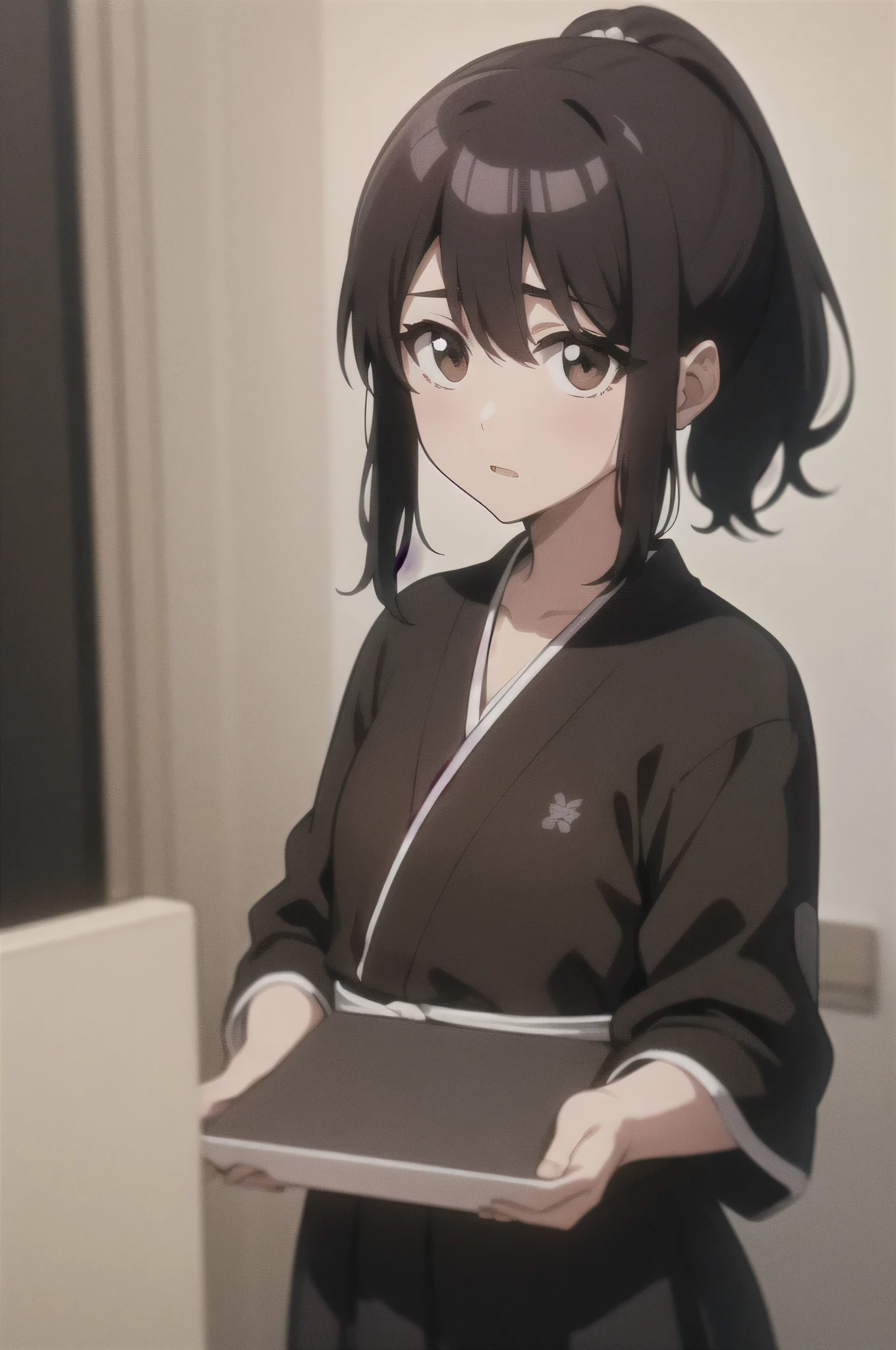 Masterpiece, best quality ,
1 Girl, romantic love, black hair, ponytail, Van Cover, brown eyes, kimono, Black Hakama, black kimono , black kimono の上に白の袖無しの羽織を羽織っている
笑顔, alone, is looking, simple background, white background