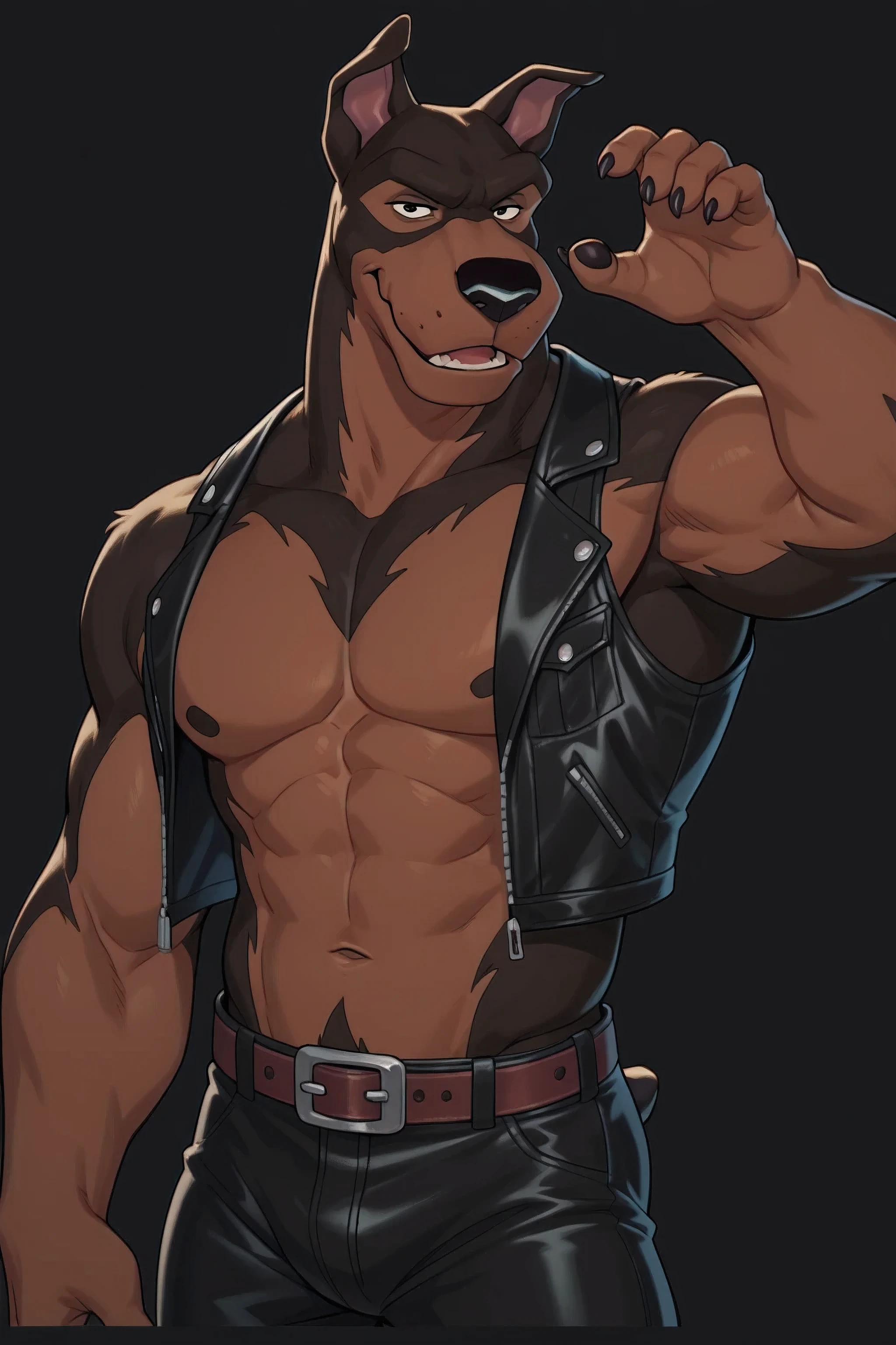 Male anthro hyena with nothing but a harness on