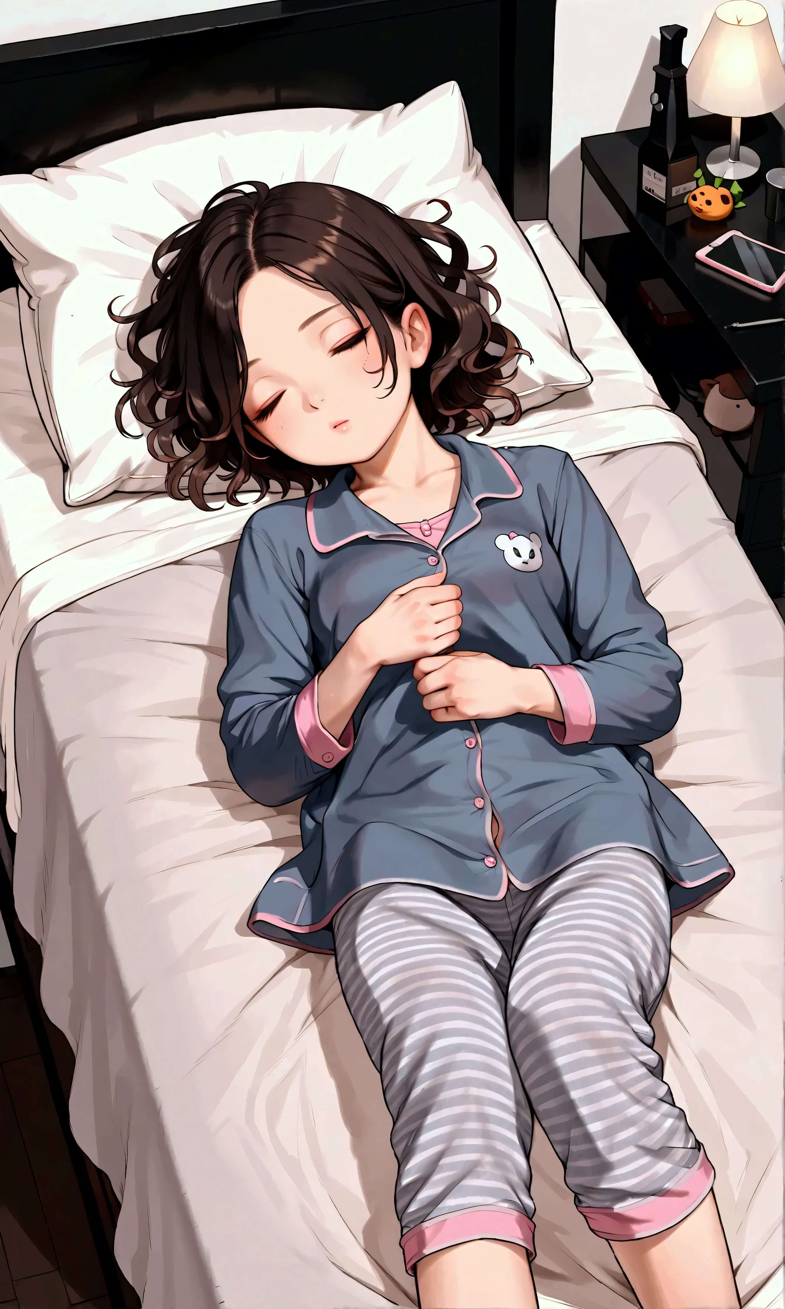 ((1 cute girl sleeping in bed)), no makeup, short hair, brown hair, disheveled hair, , anatomically correct, pajamas , calves , The best , Realistic anime picture , Delicate Depiction, detailed down to the smallest detail, The animator's commitment, ( The Greatest Masterpiece), ( high resolution)