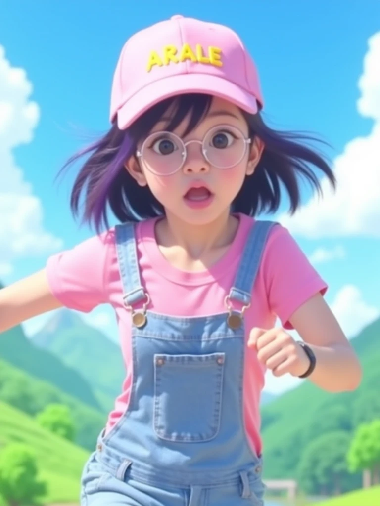 A realistic pre-teen Asian girl is running, wearing a pink t-shirt, light blue denim overalls, and a light pink baseball cap with a brim. The cap has the yellow text "ARALE" on it. The girl has purple hair, big expressive eyes, and an open-mouthed face that indicates excitement or determination. The girl is wearing round glasses. She moves by stretching her arms out and making action gestures. A beautiful and colorful realistic landscape background with simple hills and a light blue sky with white clouds. The background color is simple. A cheerful and energetic Japanese film, perfect for ren's entertainment, creating a sense of vitality and fun.