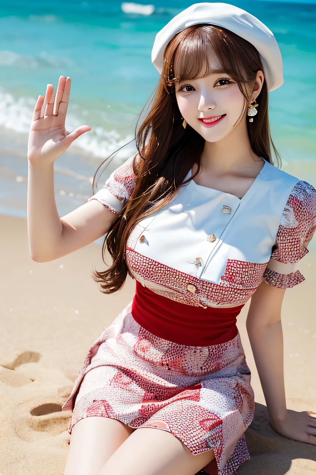 (Upper Body), (Highest quality:1.1) ,(Realistic:1.1), (photograph:1.1), (Very detailed:1.1), View your viewers,Bracelet, Jade Bracelet, eyelash, Happy, Medium chest,Beautiful detailed girl, (Very detailed目と顔), (Facial lighting),necklace,Colorful clothes, [Chinese clothing],[Off the shoulder], (alone:1.2), sandbeach,sand,Standing on the beach, summer, (Beautifully detailed skies),