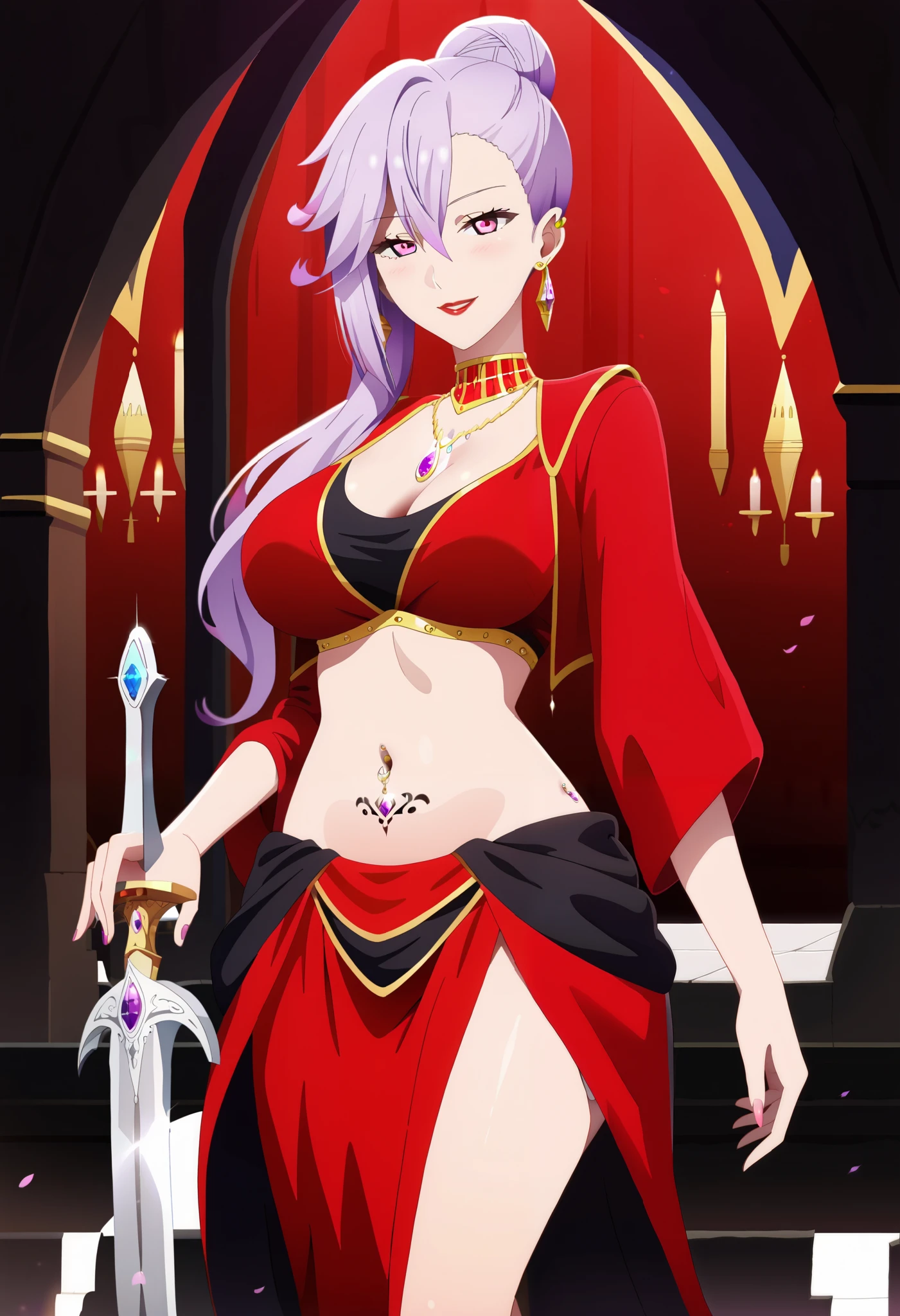 score_9, score_8_up, score_7_up, solo, 1girl, BREAK
emilialudwell, purple hair, pink eyes, long hair, hair between eyes, ponytail, hair bun, single hair bun, side ponytail, asymmetrical hair, asymmetrical bangs,
 jewelry, necklace, pendant, gem, red lips, large breasts, bad attitude, mean girl, ear piercing, long hair, blush, lipstick,Hot girl, baddie,  sensual, attractive ,castle,inside castle, masterpiece, best quality, highly detailed ,gold_choker, complex detailed
background,
inside, , holding a sword, sword, belly_chain,harem_outfit,navel, necklace,
pelvic_curtain,revealing_clothes, veil，masterpiece,best quality,1girl,mature,evil smile, smile,
female,mature,necklace,pendant, (nsfw) not safe for work, exposed belly, exposed navel, exposed
midriff, exposed lower belly, navel piercing, dragon tattoo, narrowed eyes, tattoo midriff,