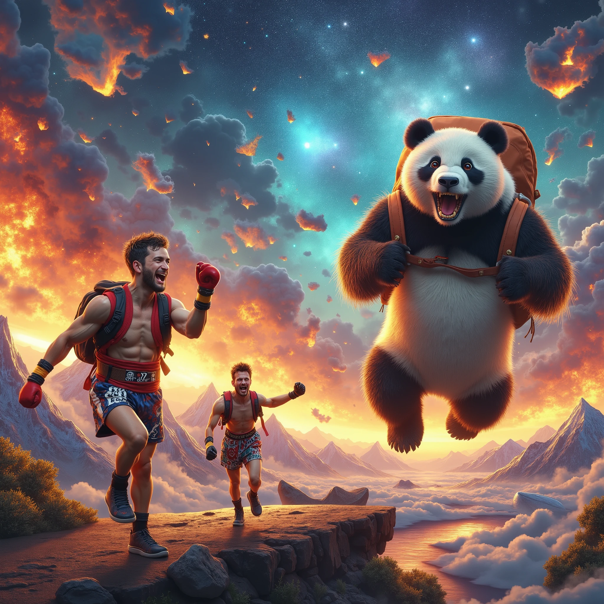 Pandas Embarking on a Journey 、Cute Animals' Journey、 Bring a backpack 、 shout、 Mountains Seen in the Distance 、Fairy Light、 Cozy、( High Quality 、4K、8k、 HD、masterpiece:1.2)、 very detailed 、( realistic、 photo realistic、 photo realistic:1.37)、 digital paint、Warm colors、 Soft Lighting 、 Christmas、holiday、season