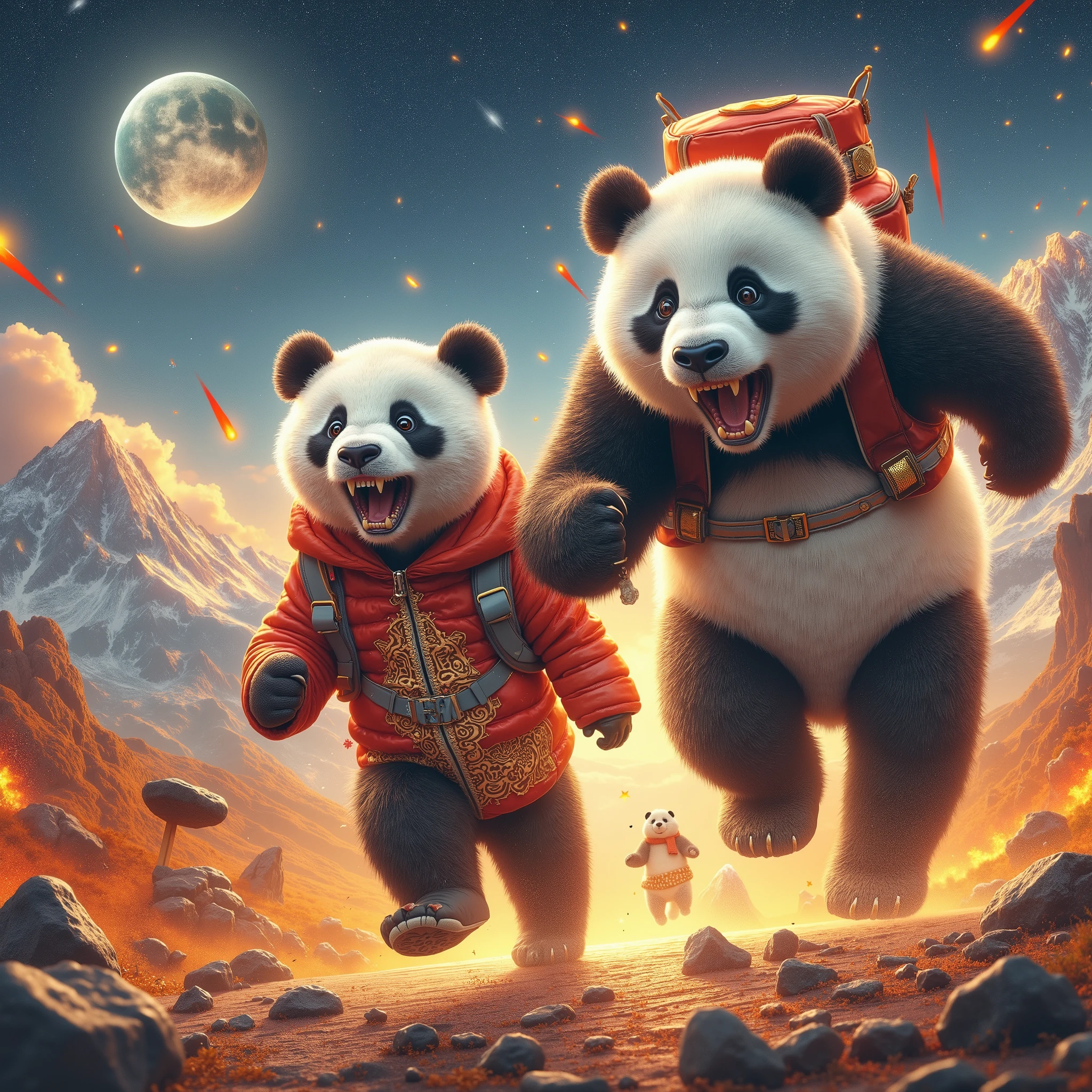 Pandas Embarking on a Journey 、Cute Animals' Journey、 Bring a backpack 、 shout、 Mountains Seen in the Distance 、Fairy Light、 Cozy、( High Quality 、4K、8k、 HD、masterpiece:1.2)、 very detailed 、( realistic、 photo realistic、 photo realistic:1.37)、 digital paint、Warm colors、 Soft Lighting 、 Christmas、holiday、season