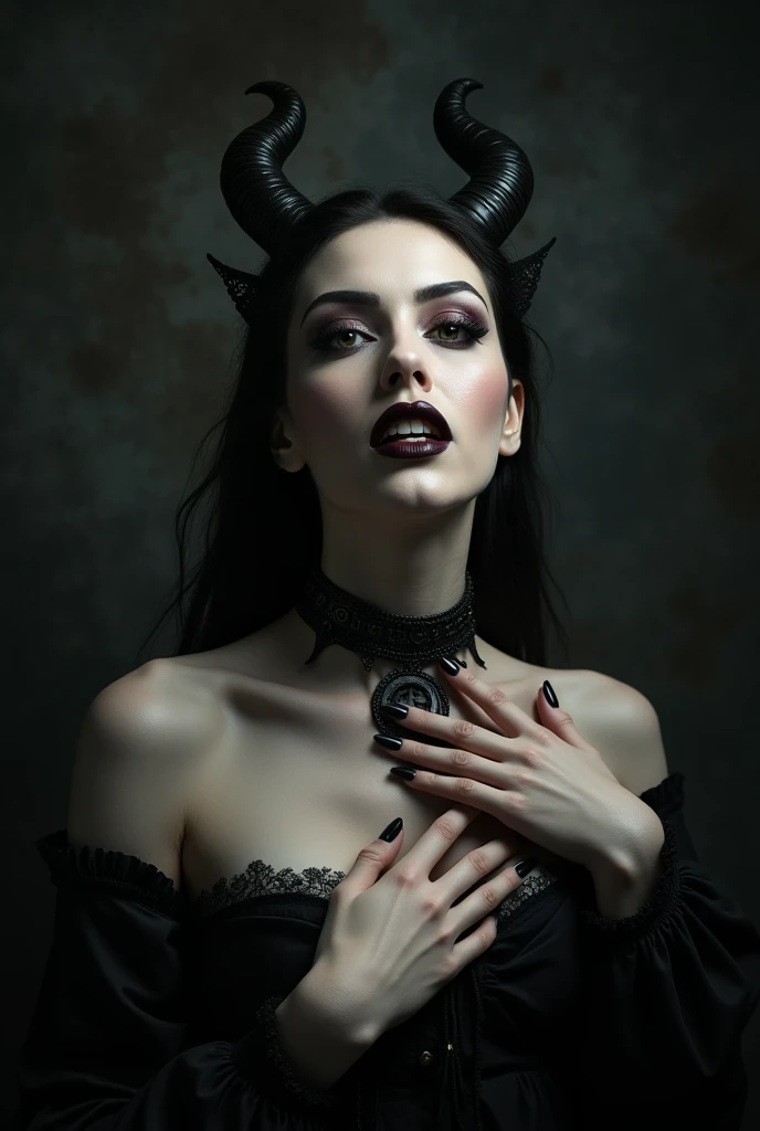 a demon girl in a leather nun dress, golden bustier, black goat horns, perfect youthful face, mysterious and dark aura, red lips, dark fantasy, intricate details, inspired by gothic art, sharp focus, full body shot, cinematic lighting, chiaroscuro, moody atmosphere, dramatic shadows, painterly style, muted color palette, high contrast, detailed textures, gritty grungy, photo-realistic, masterpiece, 8k, best quality
