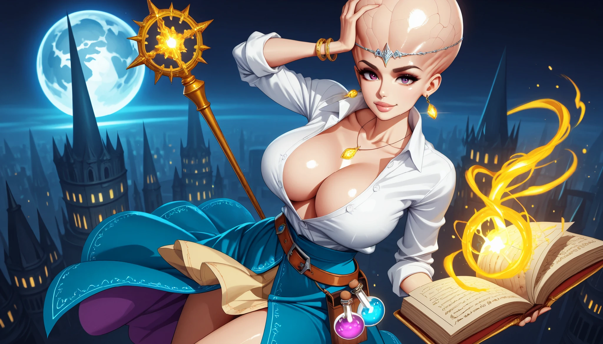 beautiful bald sorceress in the fantasy city, solo, one girl, ((bald)), (big brain), (silver circlet), sassy, golden earrings, light blue button down shirt with rolled sleeves, collarbone, pendant, ((cleavage)), big breasts, bracelets, (untucked shirt), ornate open front slit skirt, potion belt, grimoire on belt, high-heels, golden magic scepter, glowing magic, one hand touching her head, magic city, towers, shiny street