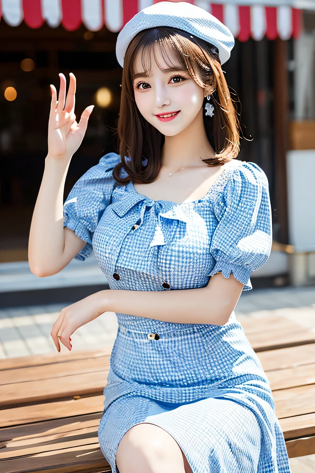 (masterpiece:1.5),(highest quality:1.5),(Highest quality:1.5),(8K:1.5),(Watching the audience),(Big Breasts:1.3),smile,(bed:1.2),Slender,Narrow waist,Beautiful and thin legs,(Gingham check light blue dress:1.2)