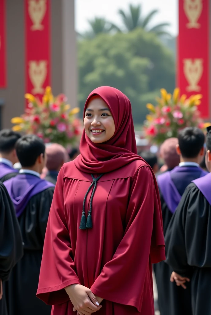 Consept art, fan art photography, A ,wearing hijab, wearing black graduation hat, in maroon graduation gown, maroon color  theme background, kawai theme background, maroon light effect background,leaf effect background, cute design, bright results 