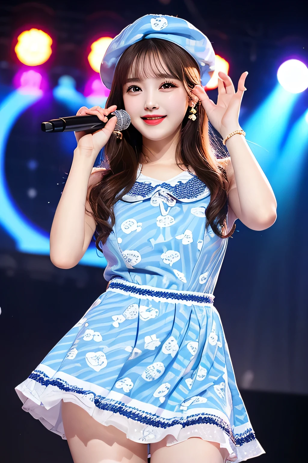 woman with fish head wearing dress is singing
