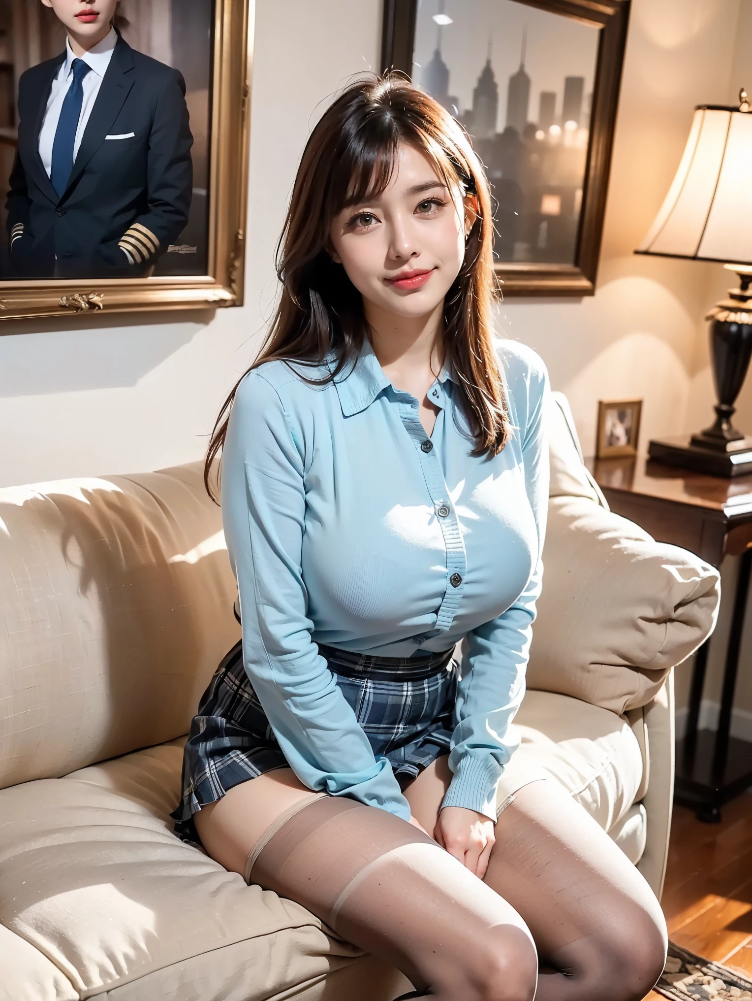 (highest quality, 8k, High resolution, realistic:2.0), (alone, one girl:2.0),(lit: strong),(lit: front),(very muscular girl:2.0),(bodybuilder girl:1.5),(shiny skin:1.5),(brown hair color:1.5),(Bend your legs and open your thighs:1.8),(black loafers:1.5),(light blue blouse:1.6),(collar blouse:1.2),(long sleeve light blue blouse:1.3),((tight blouse:1.7)),(emphasize cleavage:1.4),(short socks),(white socks:1.1),((blue pleated skirt)),((blue skirt)),((Unbutton your blouse)),((wearing white panties)),((Girl leaning on an old leather sofa)), very beautiful japanese girl, blush brown makeup , dark eye makeup,(Hold loosely clenched fist in front of face:1.7),(girl with open mouth:1.4),(Instruct the viewer to give a self-handjob:1.3),(handjob gesture:1.3),(Very smiling girl),(Instructing viewers to masturbate themselves:1.3),(Licking gestures:1.3),(Last:1.1)