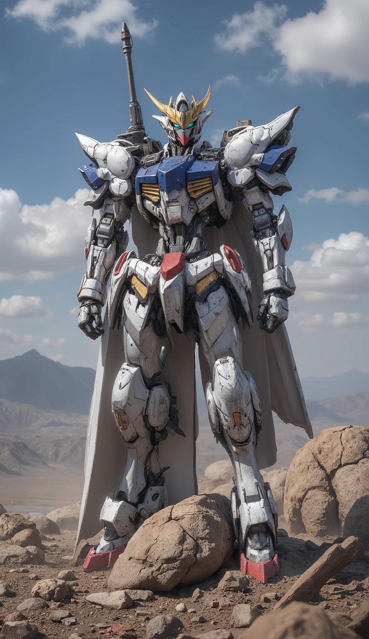 Gundam Barbatos、B4RBAT0S 、 high resolution , detailed images , slender body 、 get down on one knee 、Standing with a big sword stuck in the ground、