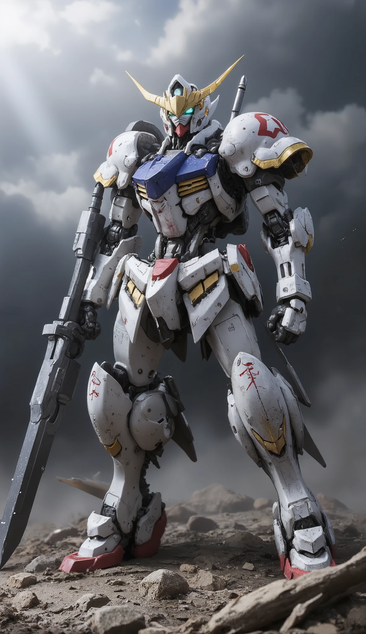  Gundam Barbatos、B4RBAT0S    、     high resolution ,    detailed images ,    slender body 、 get down on one knee 、Standing with a big sword stuck in the ground、