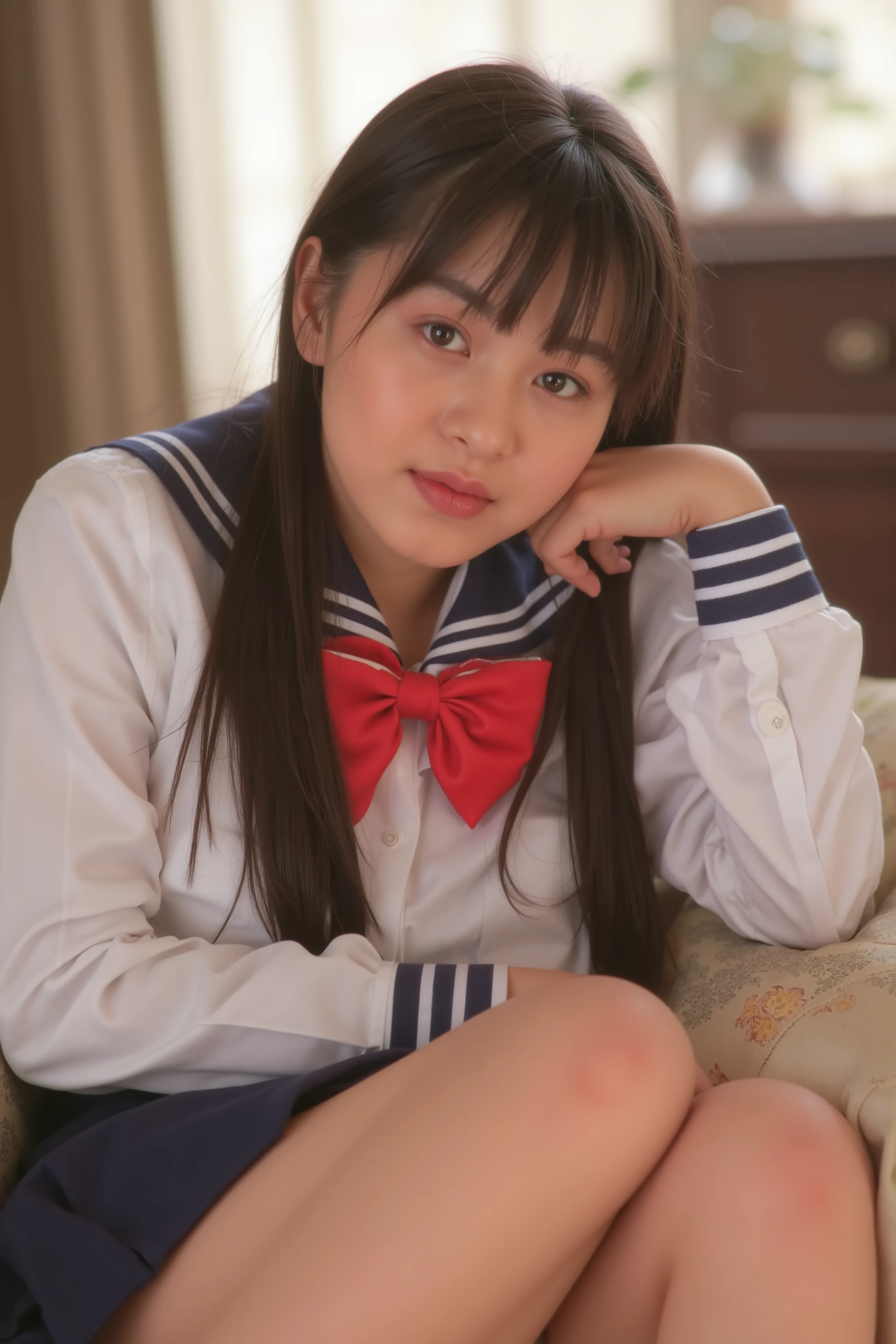 (((Mika, 3d))), 1girl, solo, perfectly focused, best focus, realistic skin texture, masterpiece, highest quality, photorealistic, (school uniform:1.5, skirt, panty shot, sexy panties, small panties, lying on the bed, on back)