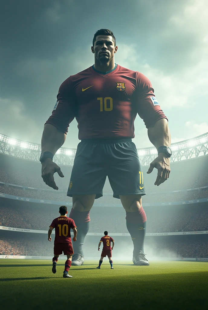 Create a image: barca football team vs Ronaldo real maric (titan ronaldo)