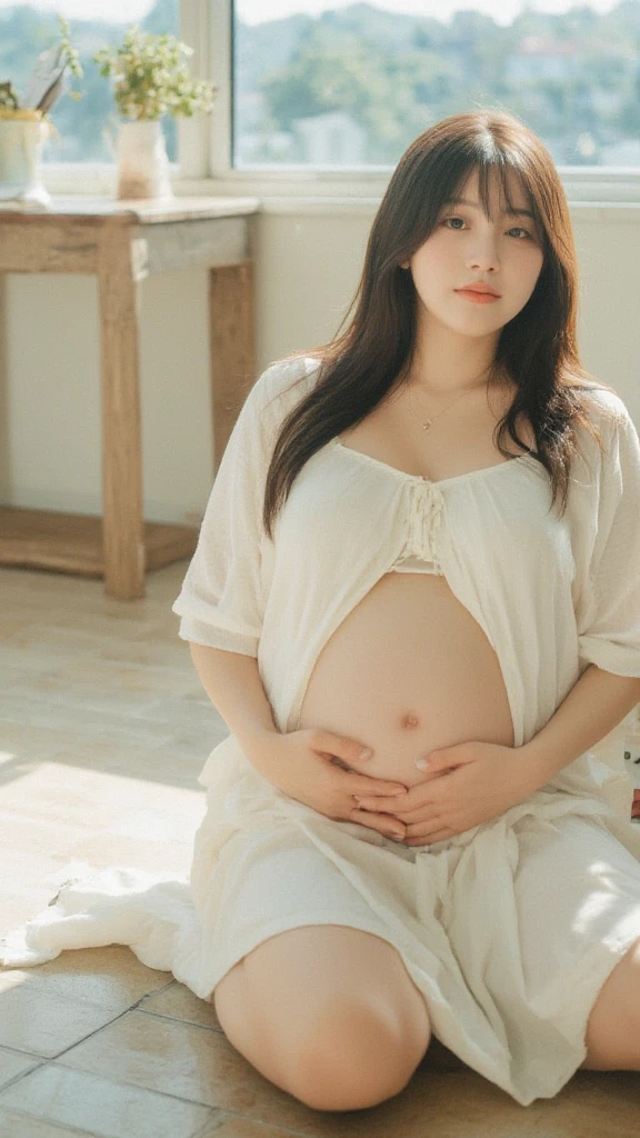 Pregnant women、Caucasian、Brown Hair、Sit on a chair