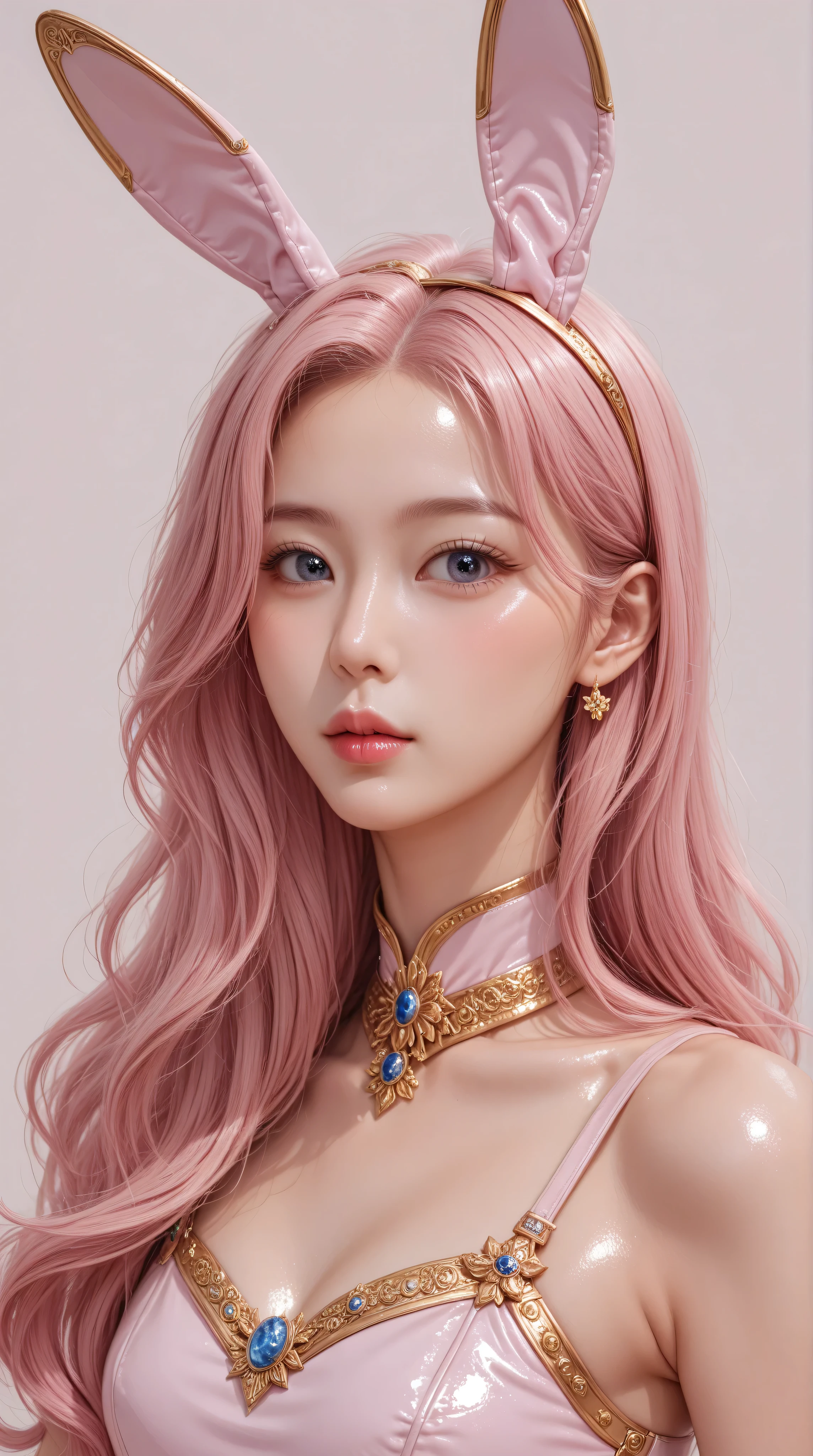 Highly detailed, Amazing work,Vitreous luster,((clean backdrop)),In gold,(((pink))),blues,Best quality at best,clean backdrop, shiny skin, ((best quality)), ((masterpiece)), (detailed), perfect anime, young korean bunnygirl, korean eyes, korean nose, korean mouth, portrait, surreal, in the illustrative style of moebius, spaceships, aliens, fantasy, sci-fi, graphic novel, line drawing, french retro, extravagant, ornate, royalty,