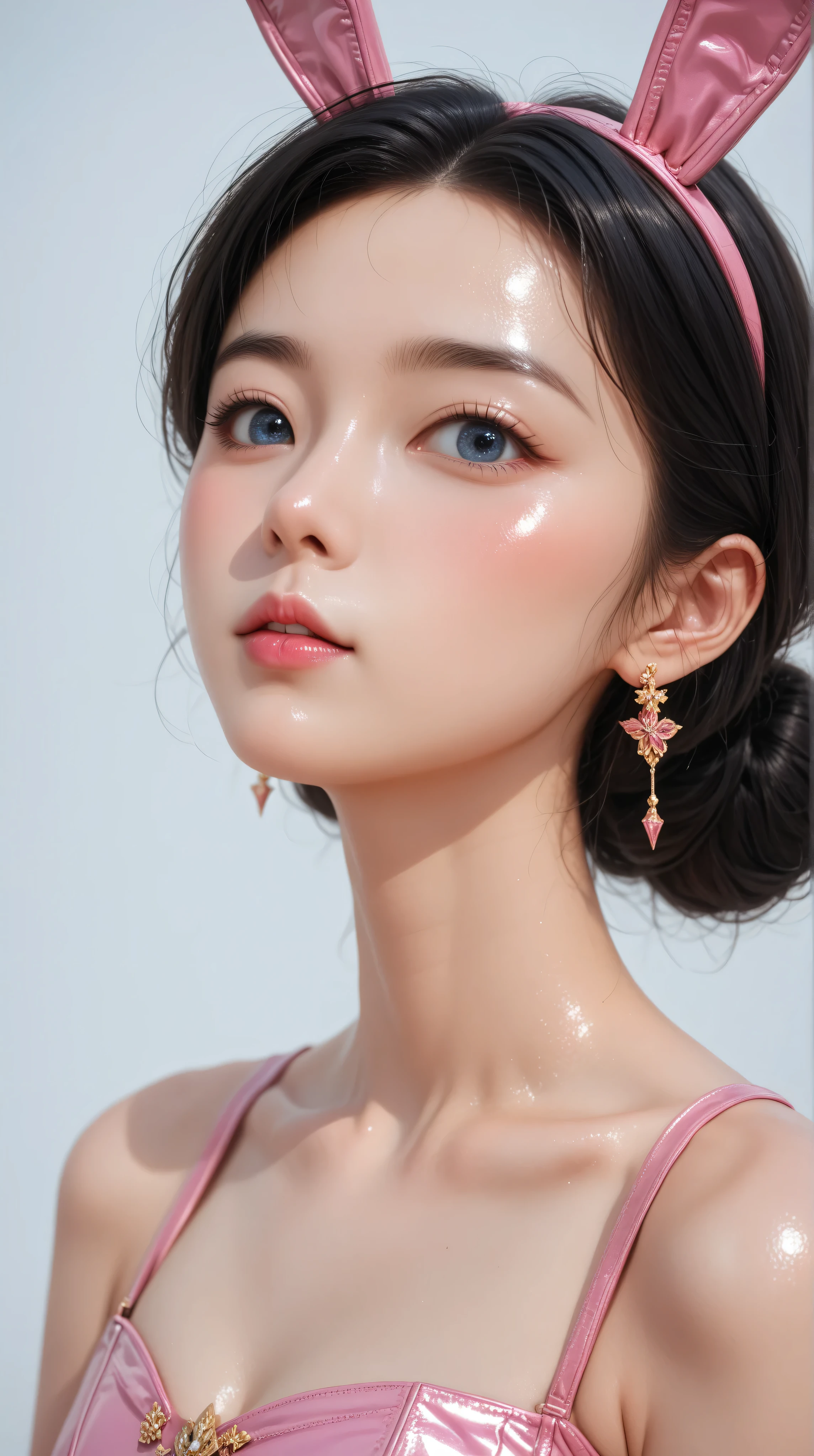 Highly detailed, Amazing work,Vitreous luster,((clean backdrop)),In gold,(((pink))),blues,Best quality at best,clean backdrop, shiny skin, ((best quality)), ((masterpiece)), (detailed), perfect anime, young korean bunnygirl, korean eyes, korean nose, korean mouth, portrait, surreal, in the illustrative style of moebius, spaceships, aliens, fantasy, sci-fi, graphic novel, line drawing, french retro, extravagant, ornate, royalty,