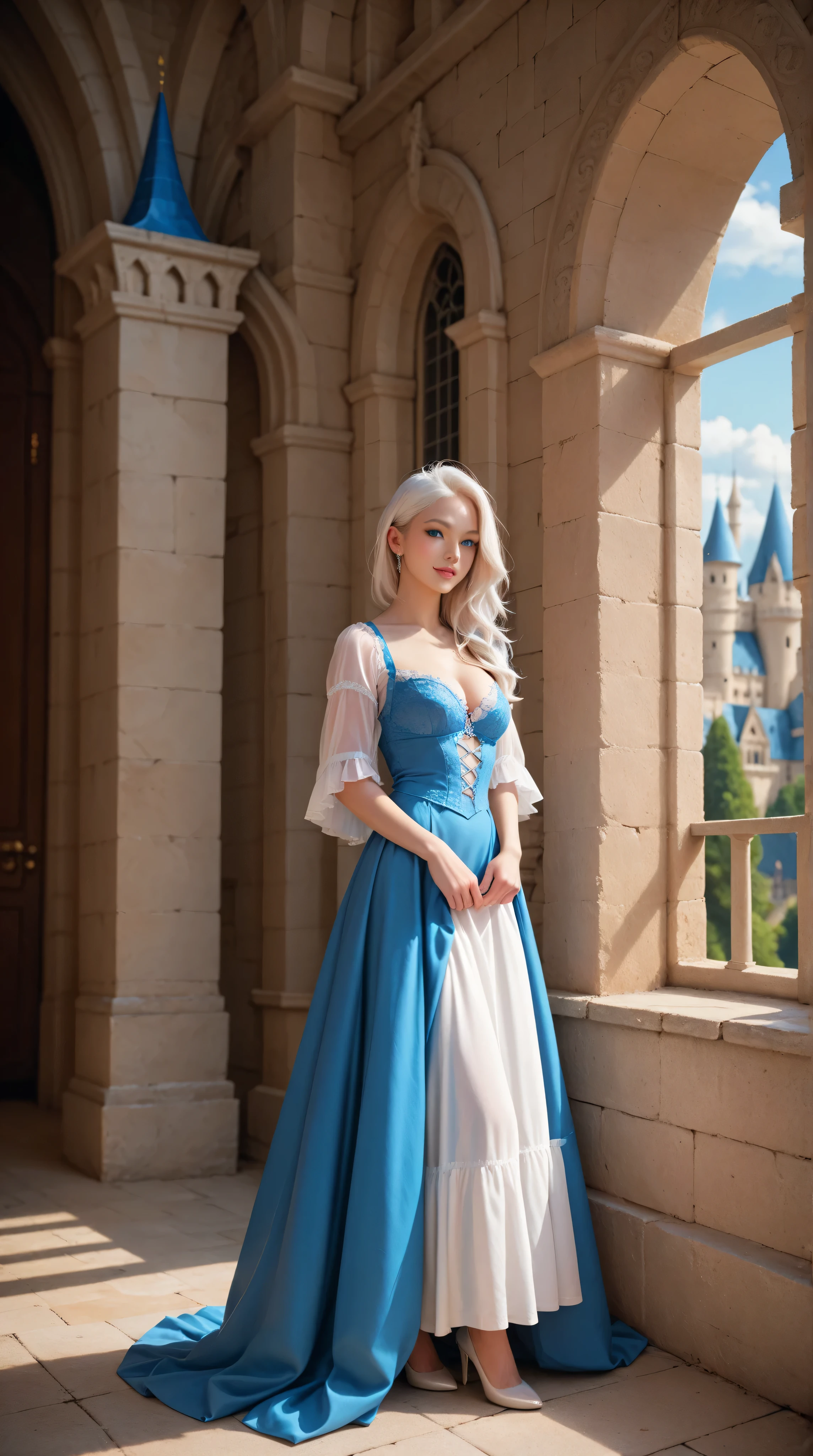 HD realistic girl: white hair and blue eyes, full body image. fund: castle.