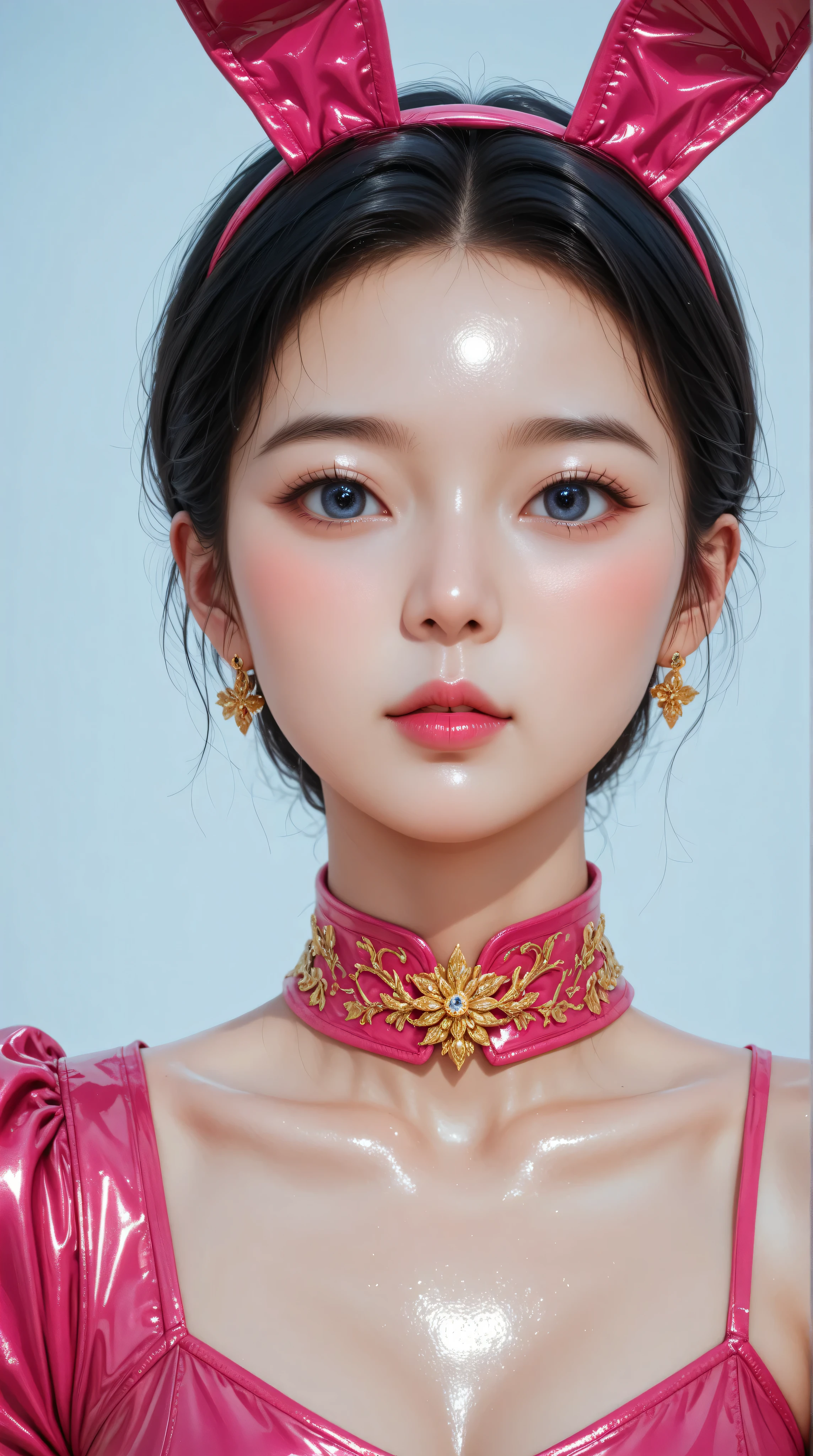 Highly detailed, Amazing work，Vitreous luster,((clean backdrop))，In gold，(((pink)))，blues，Best quality at best，clean backdrop, shiny skin, ((best quality)), ((masterpiece)), (detailed), perfect anime, young korean bunnygirl, korean eyes, korean nose, korean mouth, portrait, surreal, in the illustrative style of moebius, spaceships, aliens, fantasy, sci-fi, graphic novel, line drawing, french retro, extravagant, ornate, royalty, 