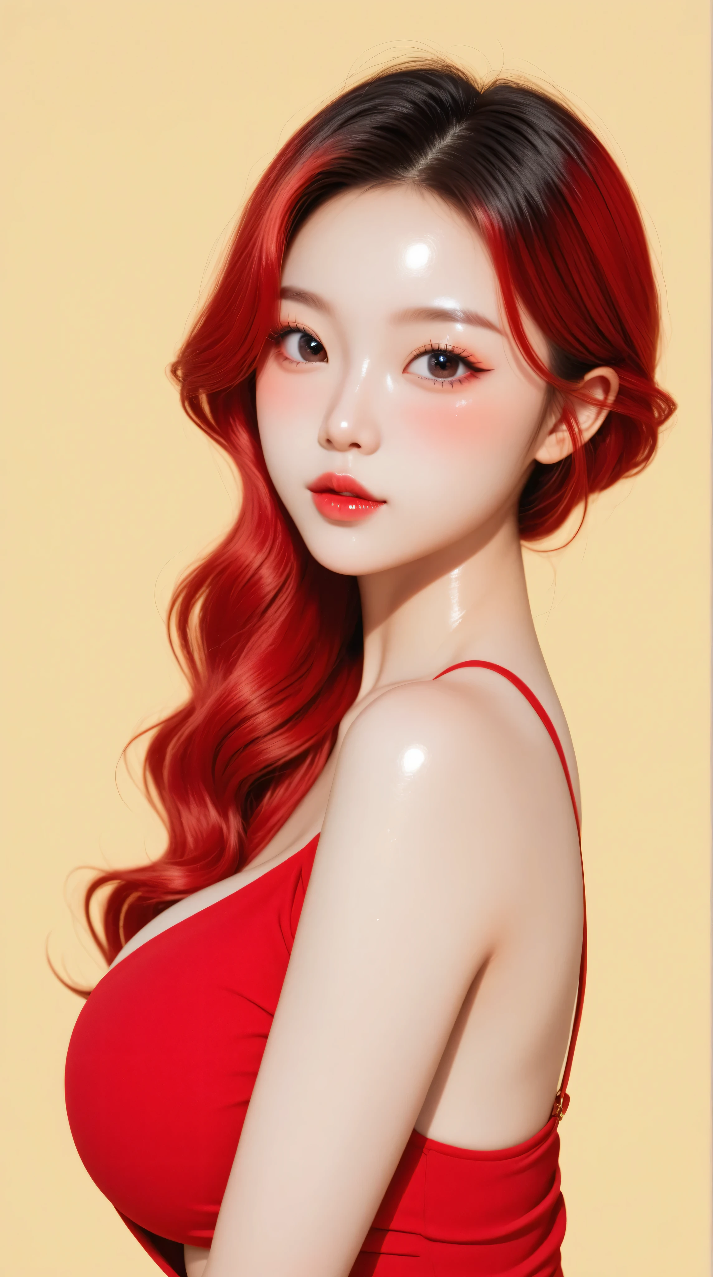 Kizi girl,Highly detailed, Amazing work,Vitreous luster,((clean backdrop)),In gold,(((red colors))),blacks,Best quality at best,clean backdrop, shiny skin, very young asian girl, petite, slender, , heavy blushing, submissive, plain background, red background, gold background, black background, high fashion, , retro pinup girl style,