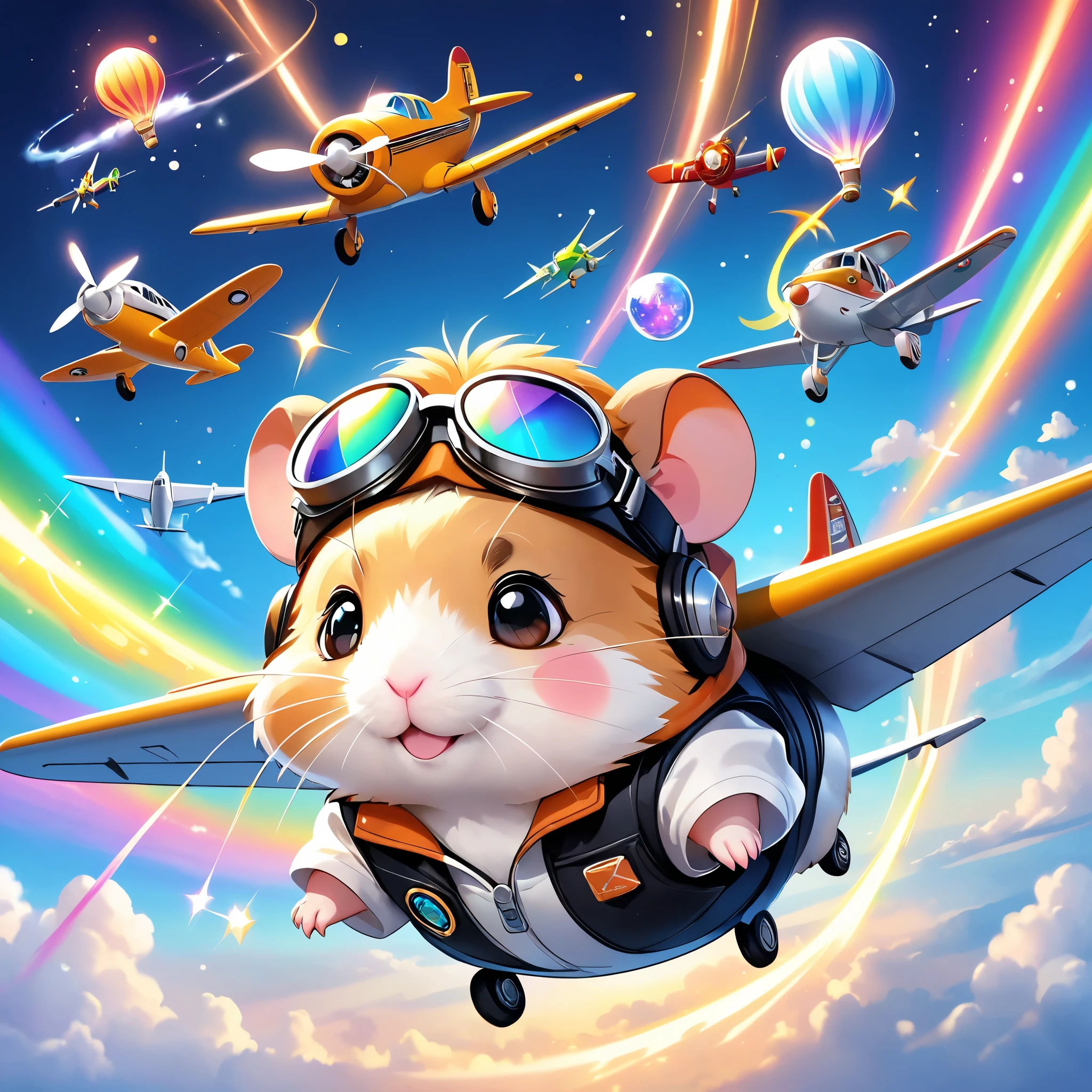  colorful pictures of hamsters , Cute Animals' Journey, Breathtaking depiction, Pilot the plane, Detailed airplane depiction,  flying in the sky, Sparkling Connections , Magical Elements, Hamster icon,  pilot jacket and goggles,  colorful vibrations and magic effects , Energy released, Various light effects , bright  flash ,  flash ,  deform, Cute Animals.