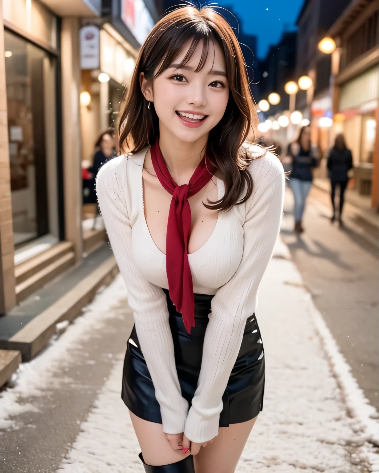 (masutepiece:1.3, Photorealsitic:1.4, 8K), top-quality, masterpiece, 超A high resolution, Perfect dynamic composition, Highly detailed skin and facial texture:1.3, A detailed eye, Detailed limbs, Winters, snowflakes falling:1.2, Snowfall landscape at night:1.2, 1girl in, Cute sexy 17 year old slim woman, Fair skin, tilt the neck, ((A smile:0.9, Totally captivates you:1.0)), (Red scarf and yellow-green long-sleeved turtleneck sweater:1.2, High waist mini skirt:1.1), ((voluptuous breasts:1.05)), Short boots, (Facing the front, Squat with your knees bent), (Beautiful blue eyes, Eyes that feel beautiful eros:0.85), Sexy face:0.4, (A mouthfeel that feels beautiful eros:0.85), ((Super ?????? and cute:0.9))