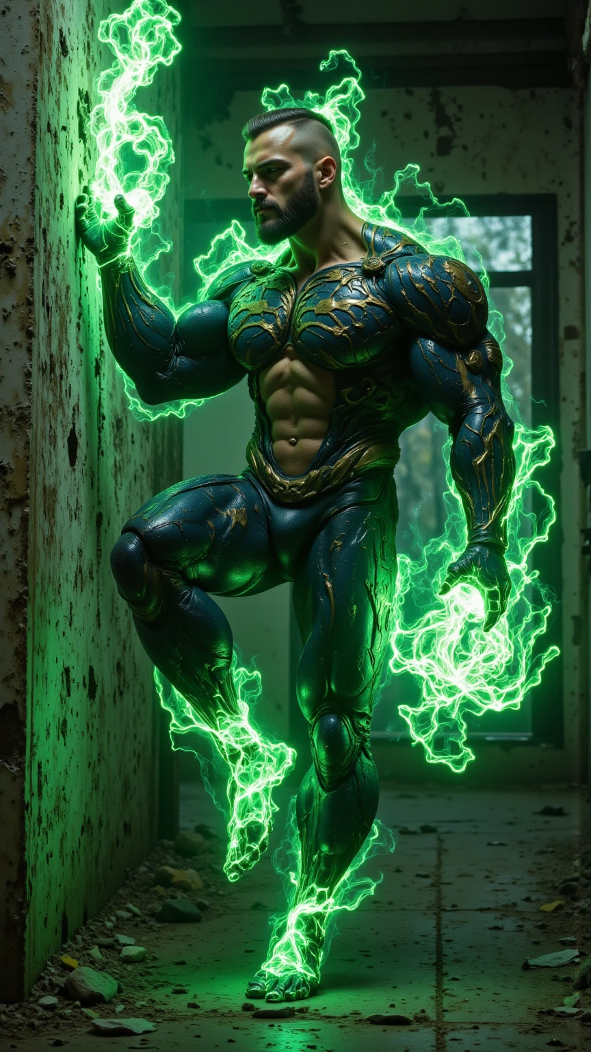 a humanoid being with chains over its body glowing transparent blue, train driver, Grinning