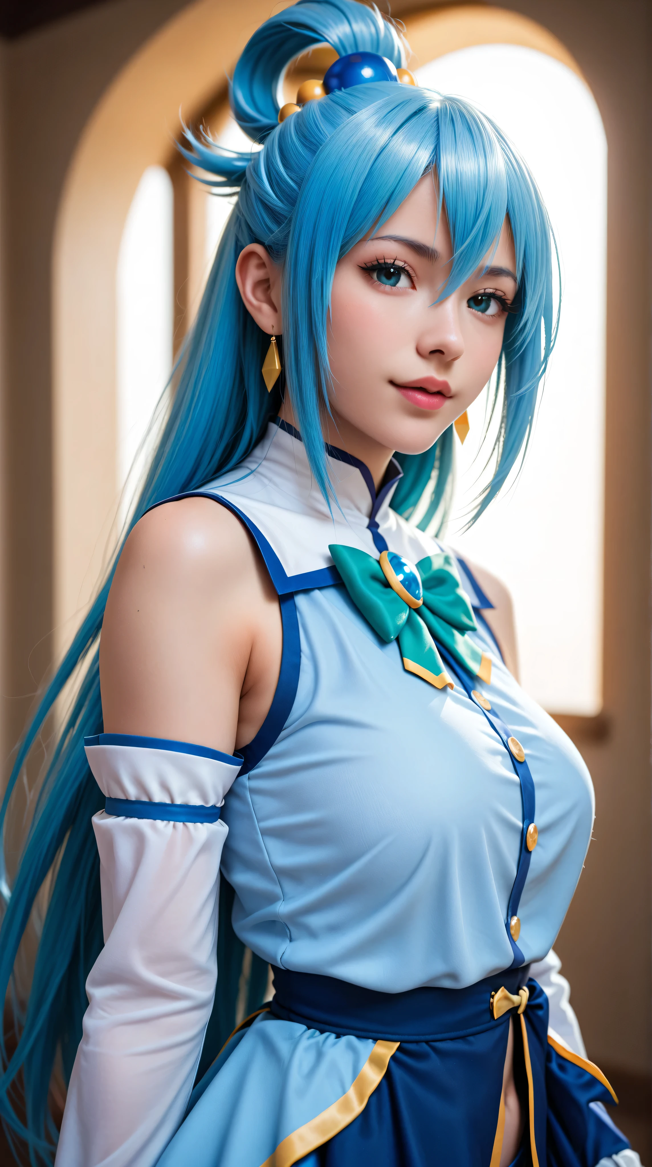  top quality , 8k,  super detailed ,  Photographically Faithful, Best lighting,  beautiful face, Best lighting,  beautiful face, Konosuba aqua, Light Blue, Beautiful Goddess, ( 1 girl:1.4), Black and blue outfit, White sleeves,  charming atmosphere, Water Magic:1.2 info 
