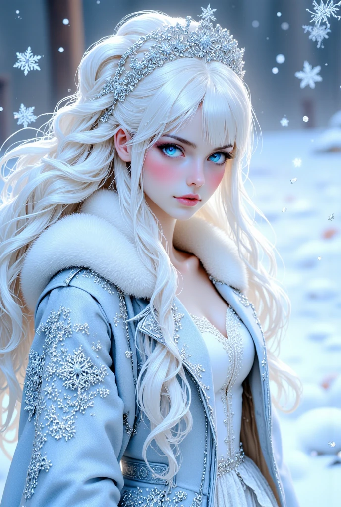 Beautiful young woman .
White hair, blue eyes, big breasts,fantasy realistic Barbie woman, Barbie makeup. Barbie winter dress, Snow princess, Jacket on hers Shoulder and open And Had to snowflake, full body 