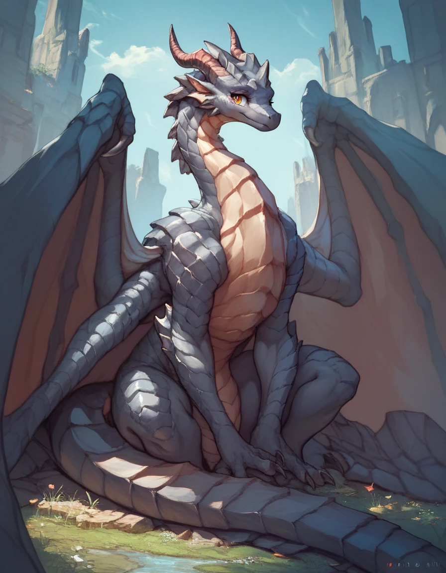 ultra-detailed, masterpiece, masterwork, high quality, best quality, hdr, posted on e621, (by hioshiru), nsfw, female, solo, (nude, pubic hair), (white little body dragon), hairy dragon, (yellow eyes, detailed eyes, white chubby body), standing, front view, dynamic angle