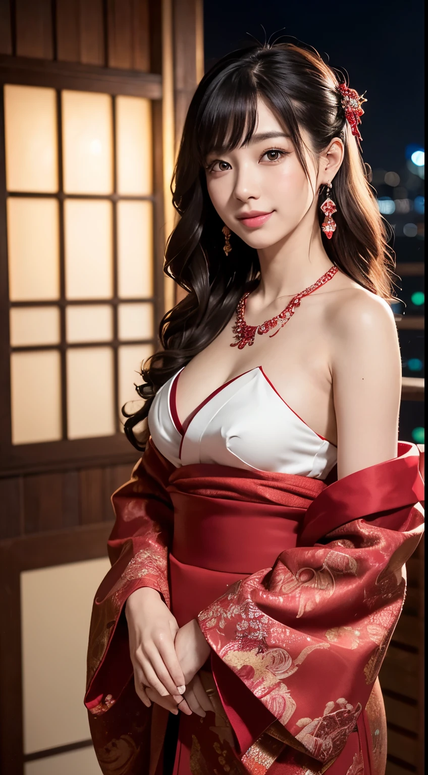 8K Ultra HD, Digital SLR,Film Grain, Fujifilm XT3,(Highest quality:1.3), (masterpiece:1.1), High resolution, Cinematic Light, Intricate details, (Realistic) (Night view) Realistic backlight、ドラマチックなredトーンの光、Beautiful Japanese Geisha full body photo, ((Facial texture Pore details)), Grin、悪魔のようなsmile, Simple messy hairstyle, 伝統的な龍のモチーフが描かれたサテンの黒いkimonoを着て, Open shoulders, Colorful dragon tattoos all over the body, Long blade, Inside a traditional villa,White-hilted Japanese sword, 8K, Front blur,Ultra HD, Digital SLR,Film Grain, Fujifilm(8K, Highest quality, masterpiece:1,2), (Realistic, Realistic:1.37), Very detailed, One Girl,), (Very detailed), (Detailed and beautiful eyes), (Highest qualityの), (Very detailed ), (masterpiece), (Detailed face),woman((19 years old)), hair((red, Wavy, length)), eye ((red eye, big eye)), Clothes((kimono,big slit, redい花柄)), accessories ((Earrings, necklace)), Huge breasts, big , smile, background,長いhair,Red Clothes,Cowboy Shot