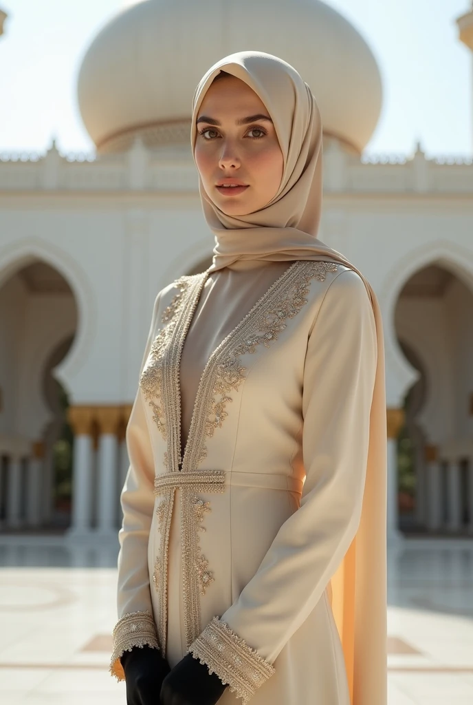 Beautiful woman in hijab wearing luxurious clothes ,full body,Realistic,crowd background