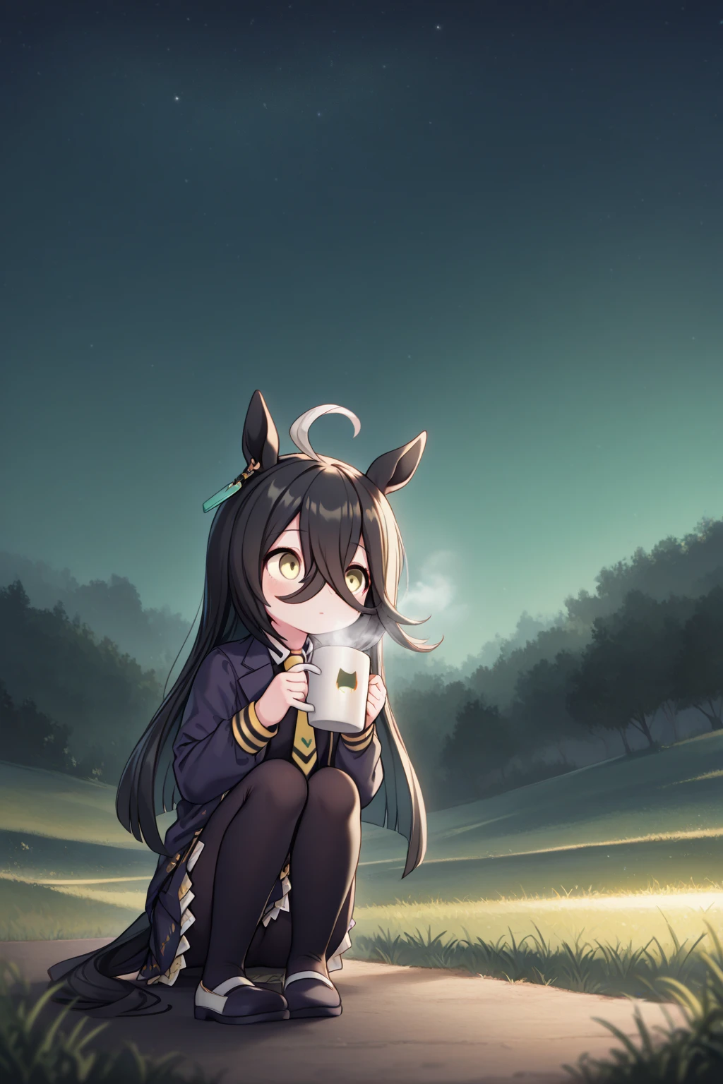 ( Highest Image Quality),( high resolution),( Uma Musume, Manhattan Cafe ),(whole body),( Black clothes, yellow tie,  black miniskirt standing in the diner,  black tights),((sit, sitting on the floor)),((  stargazing ,night,Look at the sky),(Looking away),(Objectivity ),(Holding a mug,  steam ),(grassland,lawn,green),(Tranquility,silence,Calmness)