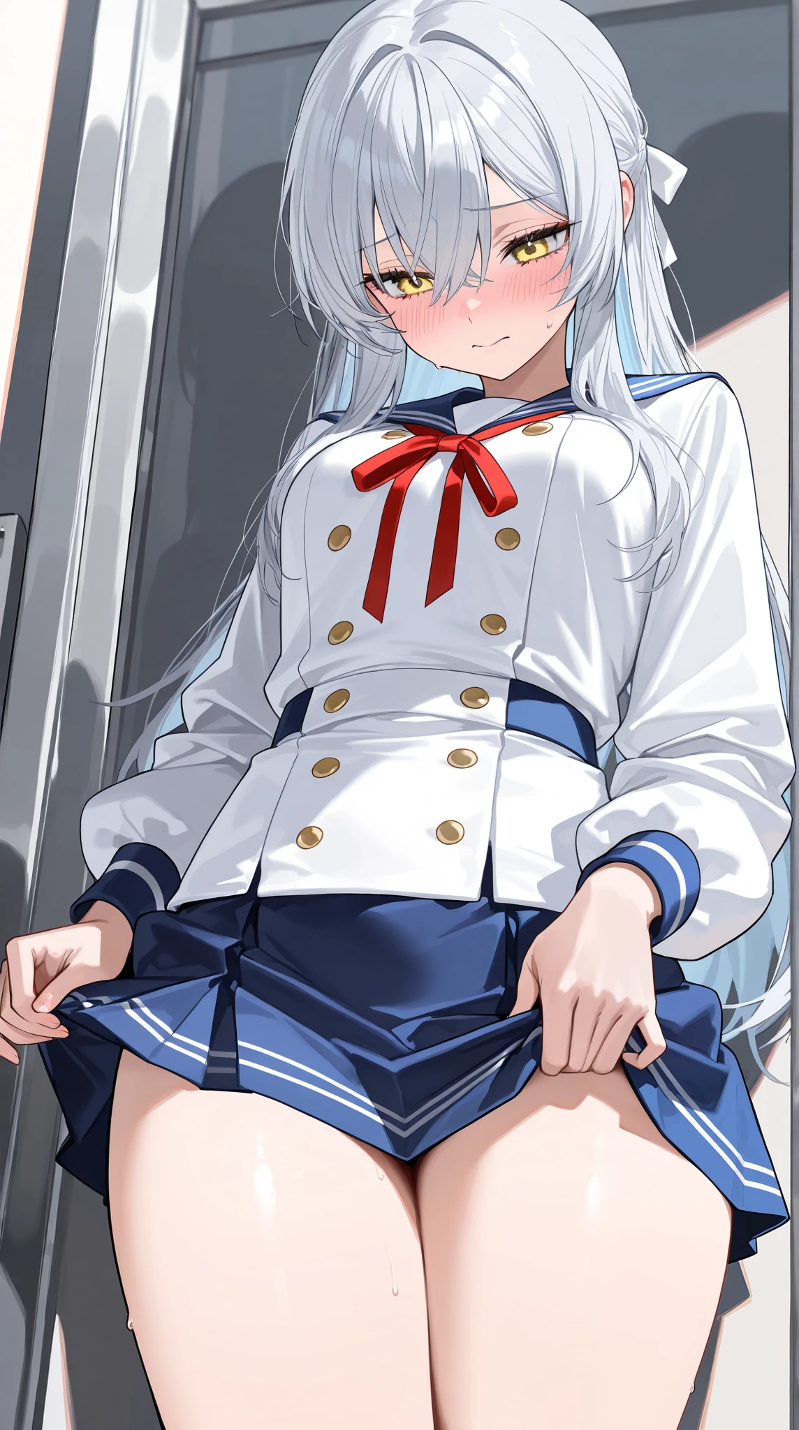 NSFW,1girl,Fox Girl,Slit eyes,Silver Hair,Red eyes,Long Hair,high school girl,Police uniform,Character portrait,Leg spread,blush,skirt lift,Mobile Task Force Equipment,Suspicious Smile,White Breath,full Art,Open pussy,pussy juice,Creample,?????