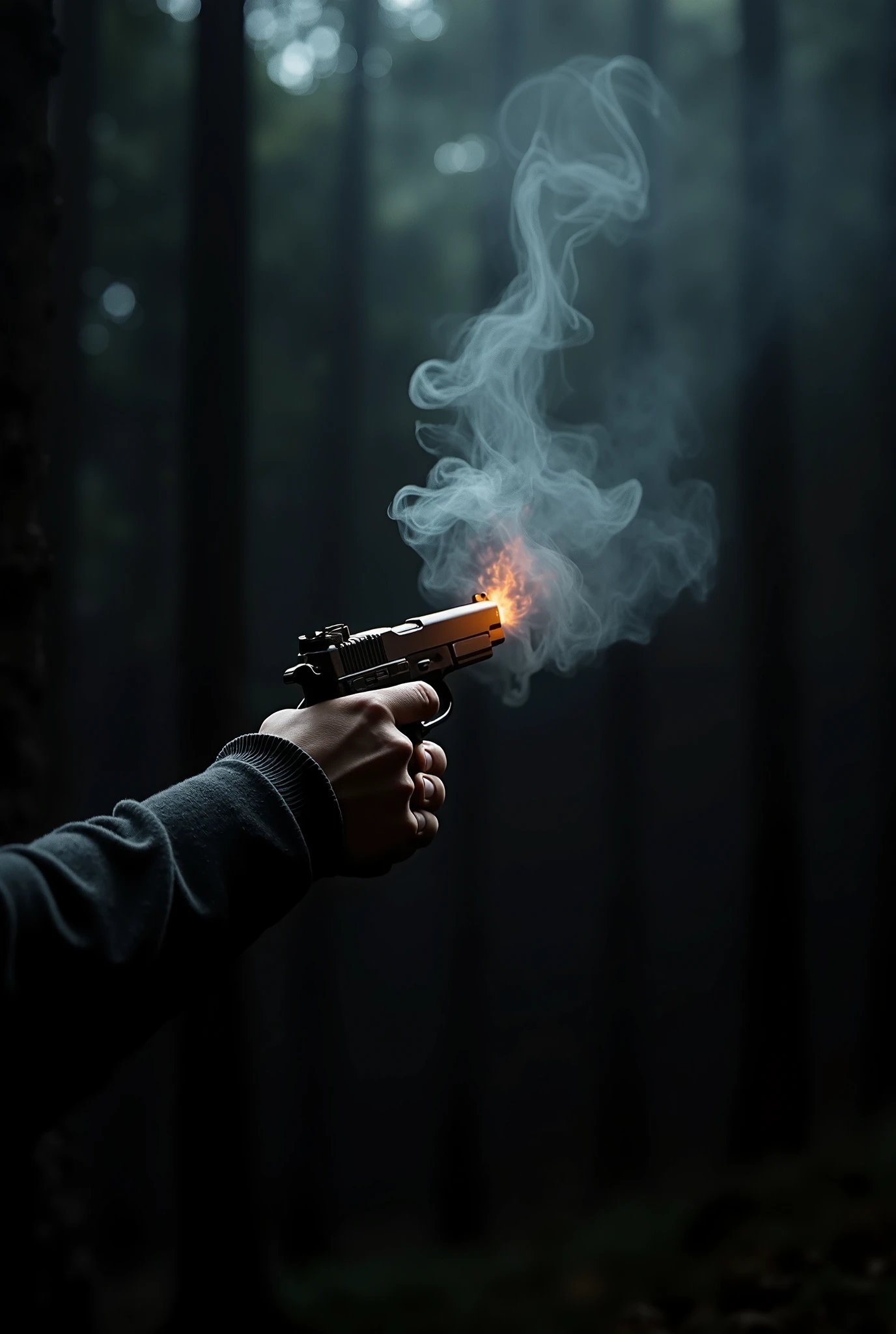  on a black background creates an image with a forest ,  of modern guns shooting .  The image is used to promote a scent that smells of gunpowder and incense.  there must be elements such as gunshot smoke , The smell of gunpowder , 