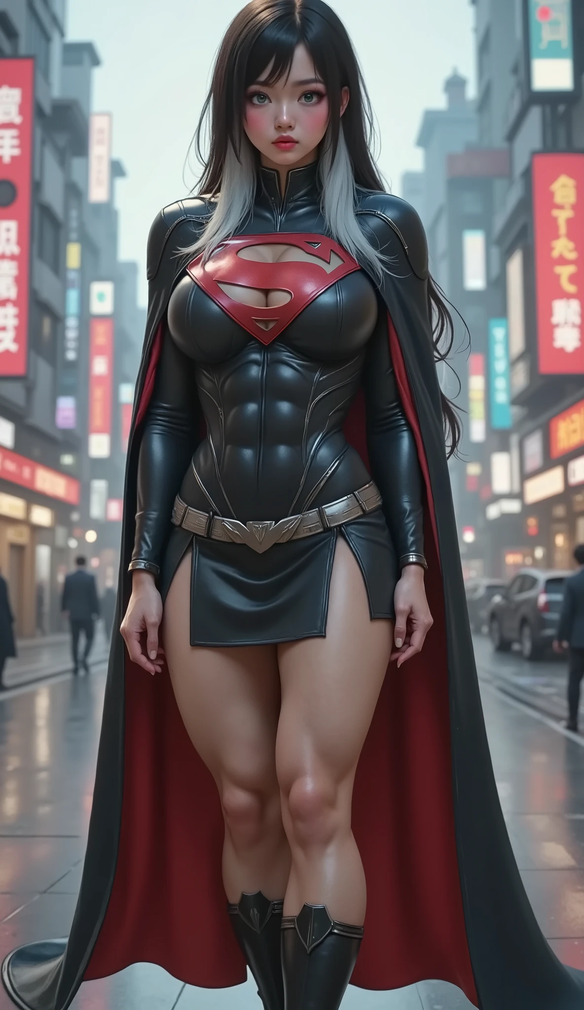FULL VIEW OF A LIGHT BLUE EYED ASIAN BABE, WEARING A BLACK DRESS STYLE COSTUME WITH A (SILVER "S" EMBLEM), A BLACK SKIRT WITH A SILVER BELT, BLACK BOOTS WITH SILVER TRIM AND A BLACK AND RED CAPE, STANDING POSE, LONG BLACK HAIR WITH WHITE STREAKS, green eyes, long black eyelashes, puckered lips, textured skin, super detail, high details, high quality, best quality, 4K, 8k. TOKYO BACKGROUND.