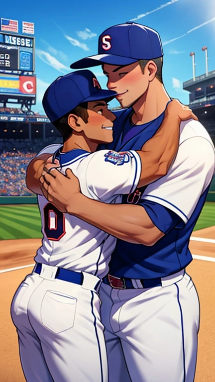 Cover for a book, young man with black hair kissing tall black haired baseball team captain