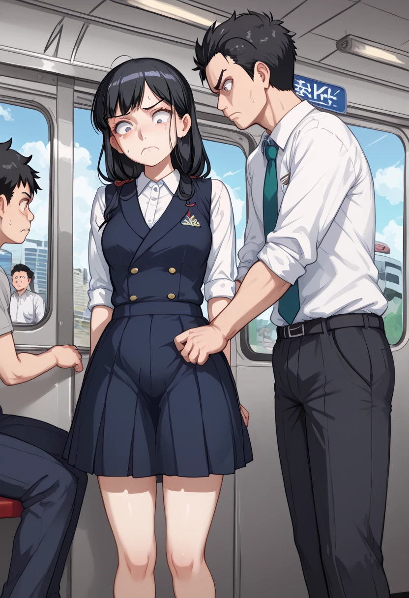 summer、in the train、thick、Sweat、、high school girl、summer服のセーラー服、、Low length、(((((Eyes hidden by long bangs)))))、(((Long black hair:1.2 hair band)))(((Black-rimmed glasses:1.2 black eye)))、Strong sunlight、thicksummerの昼間、Crowded train、Look at this、Front view、Full Body Shot、Lift your shirt、your 、Beautiful breasts、(((touching chest from behind))), (((small, An older man presses his chest against a younger woman's back))) and (((Grab her waist)))、Nipple massage、She looks 、(Big Breasts)、old man talking in ear、Surrounded by a large number of middle-aged men、Orgy、Sweatだく、Sit with your legs apart、Middle-aged man licking his neck、Sweatだく、、Grit your teeth