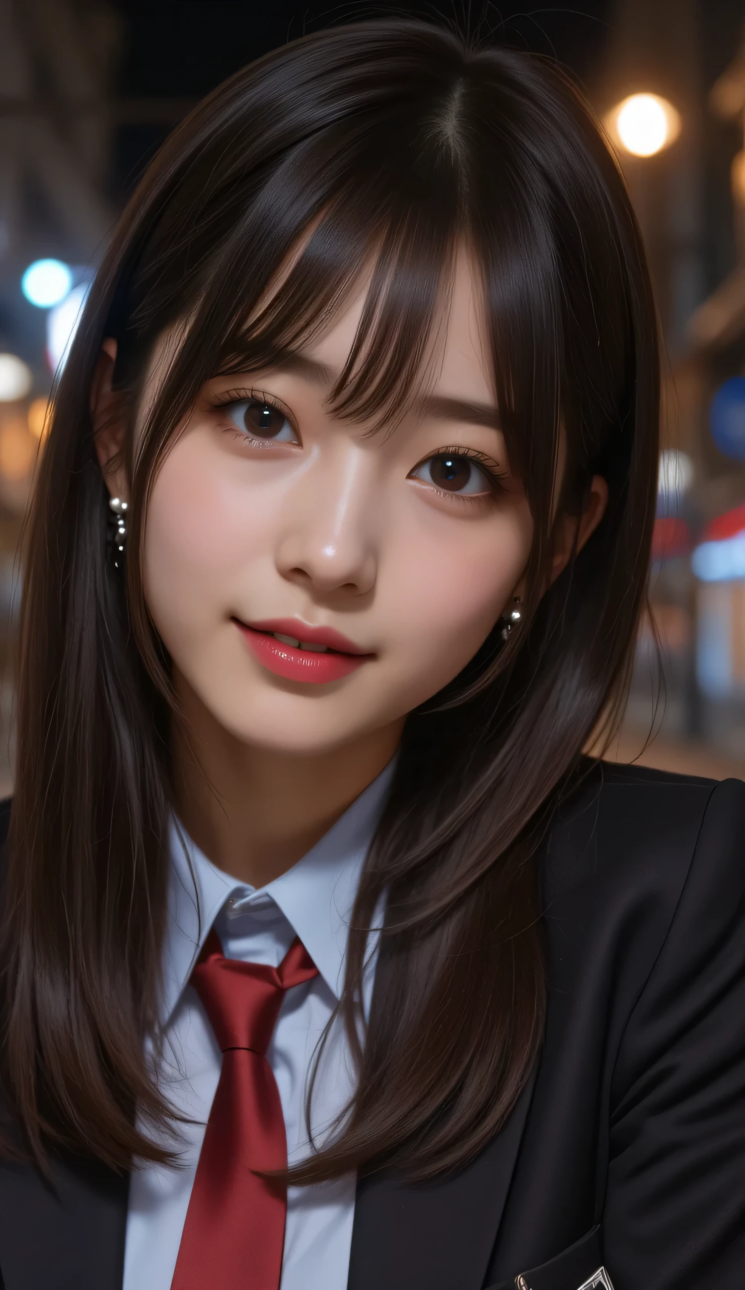 ( best quality,Super detailed、 high res illustration,Ultra-high-definition CG,caustic, Improve skin quality,reality,masterpiece:1.2, high detail, Physical Beauty: 1.4 , Extremely Detailed Face and Skin Textures , beautiful eyes, double eyelids、8k、35mm Lens、Realistic: 1.37、Brighten the screen,17th Generation, half Japanese,(( eyeshadow:1.3)),Big Breasts:0.8,((164cm)),((smile)),((Wow with Black bangs long)),((((blazer,school cardigan knit,school shirt,mini skirt,tie,loose socks)),)),(((take a selfie with your own camera, Shooting from above))),((night,road,)),(((full body)))
