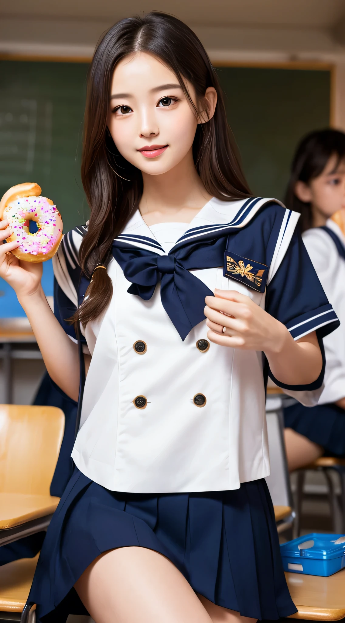One Woman, (Beautiful woman, delicate :1.3), Black Hair, (bob cur:1.4), bangs, 8k, Highest quality, masterpiece, Very detailed, Ultra-high resolution, Realistic, RAW Photos, Absolute Resolution, Black Hair, (sky blue color sailor uniform:1.4), (sky blue color pleated skirt:1.4), (Realistic junior high school student:1.4), ((White headband:1.4)), Small breasts, expensive, Bright Blue Eyes, (In front of the school gate), smile, (standing pose:1.4), (one school bag on shoulder:1.4), (long skirt:1.4), slender female body, (Blur the background:1.4), (looking at the camera:1.4), (glossy hair), (take a piece of bread in one's mouth:1.4), (sprinting while eating bread:1.4), (sprinting pose:1.4),