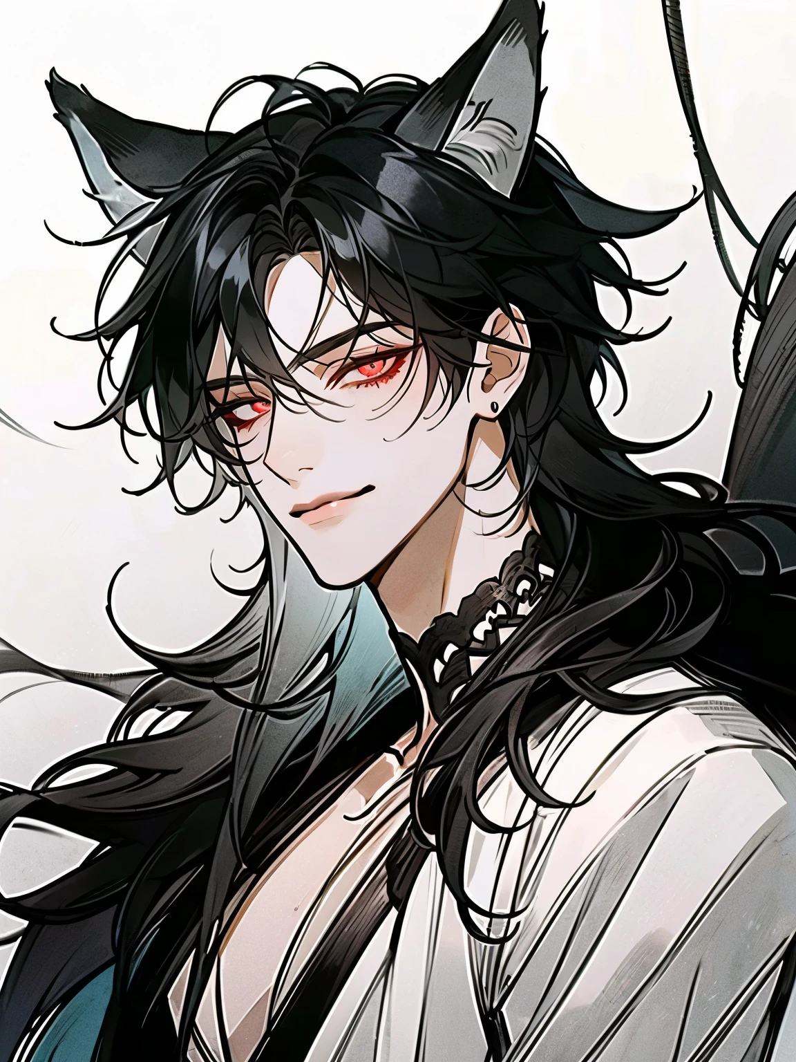 (portrait:1.4), (man with wolf ears and enigmatic allure:1.4), (ebony black hair tousled with effortless elegance:1.3), (scarlet eyes glowing with quiet intensity:1.3), (soft smirk, confident yet guarded:1.3), (black wolf ears), Designed to intrigue, (Best quality, 4K, high resolution, masterpiece:1.2). Sleek black wolf ears, slightly twitching, add a touch of primal charm to his striking appearance. His athletic and statuesque figure speaks of agility and power, with smooth, tanned skin marked by faint scars—silent echoes of battles fought and endured. A sleek black tail sways subtly behind him, accentuating his hybrid nature.  

Attire: understated yet commanding—a dark, tailored coat with silver embroidery, complemented by a fitted charcoal vest and crisp white shirt. A single crimson ring and a subtle leather bracelet hint at personal significance, their simplicity contrasting with his otherwise meticulous appearance. Lucas’s presence is magnetic, a quiet storm of strength and mystery, his every glance calculated to reveal just enough to leave others wanting more. 